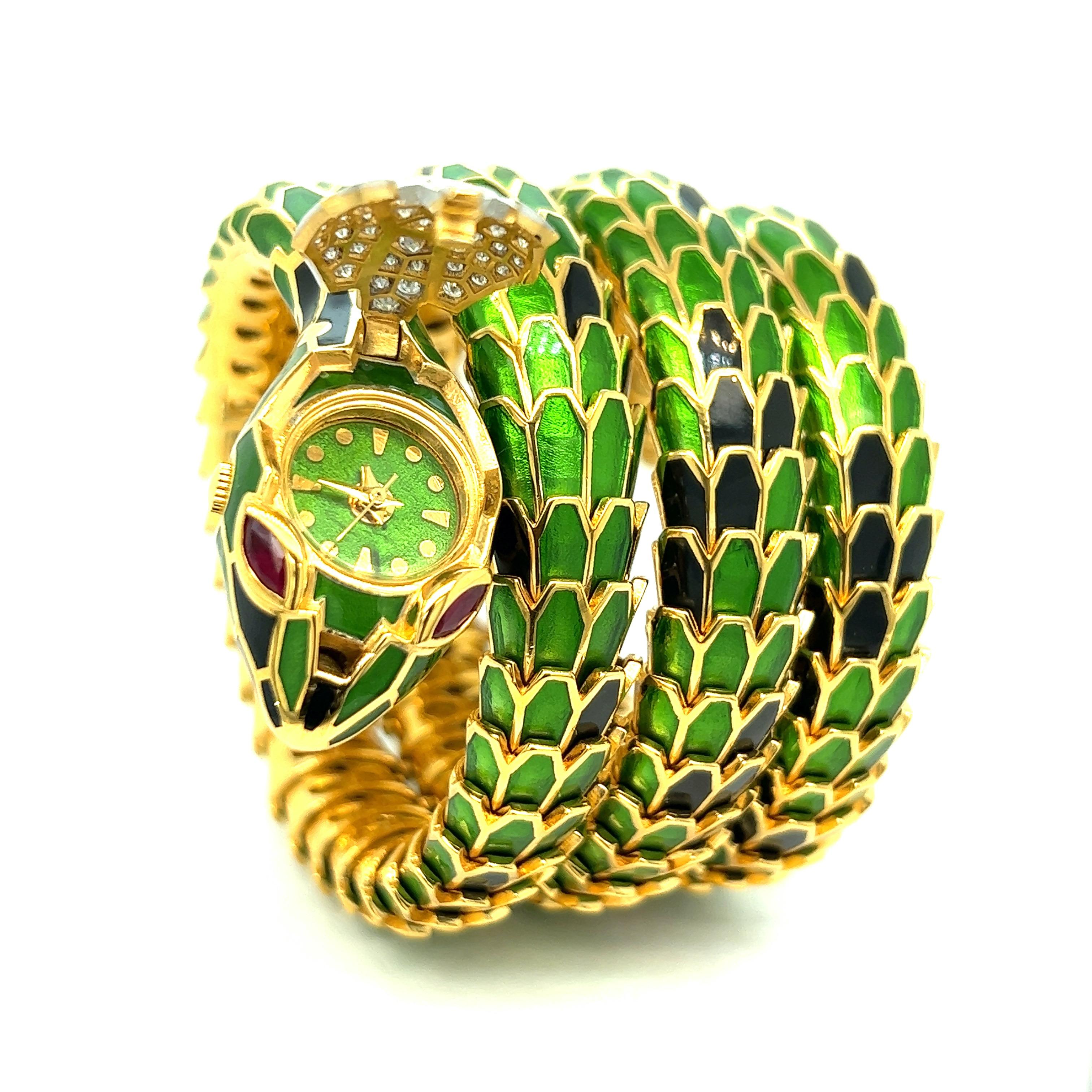 Contemporary Green & Black Enamel Snake Watch Wrap Bracelet For Sale