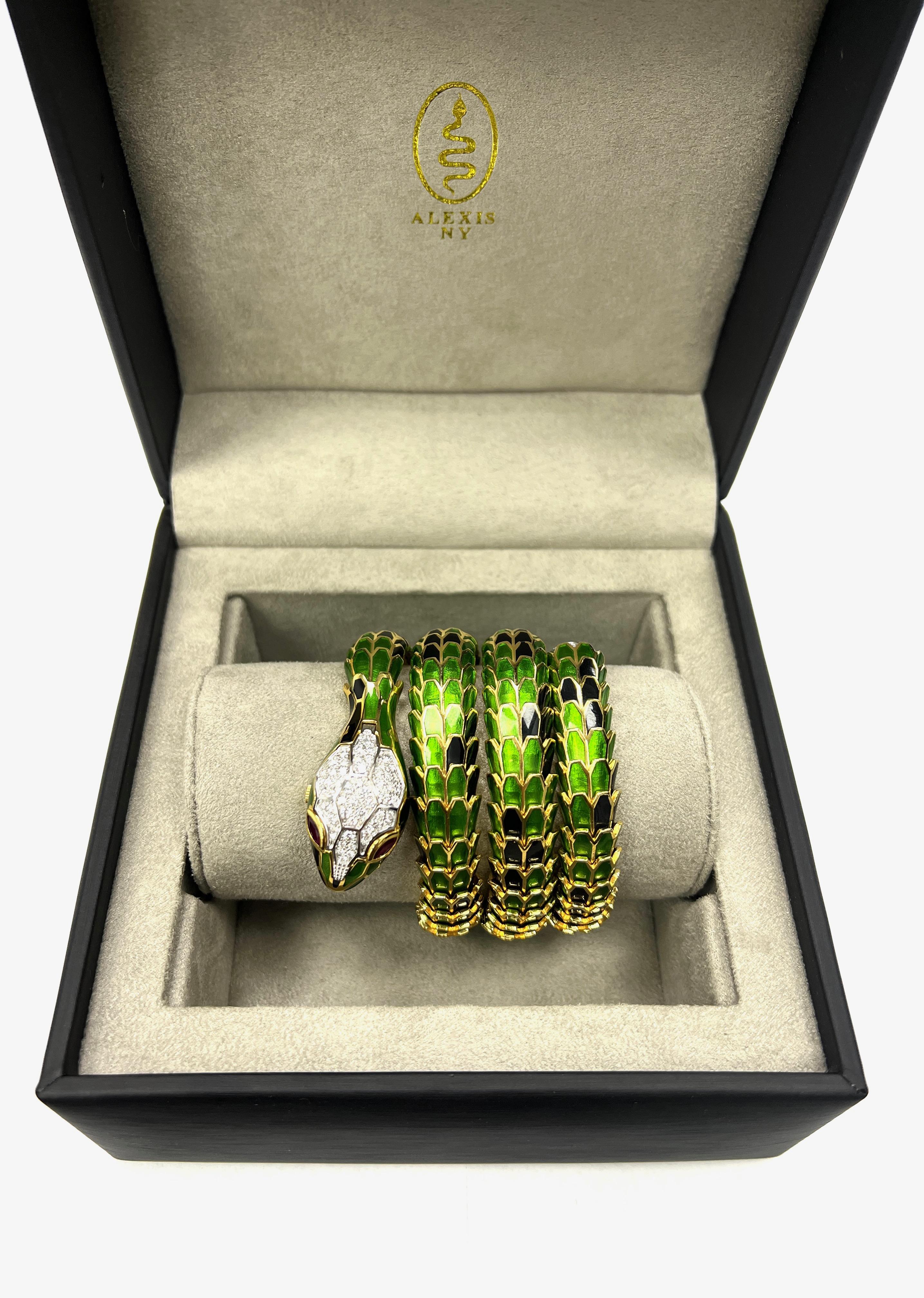 Green & Black Enamel Snake Watch Wrap Bracelet In New Condition For Sale In New York, NY