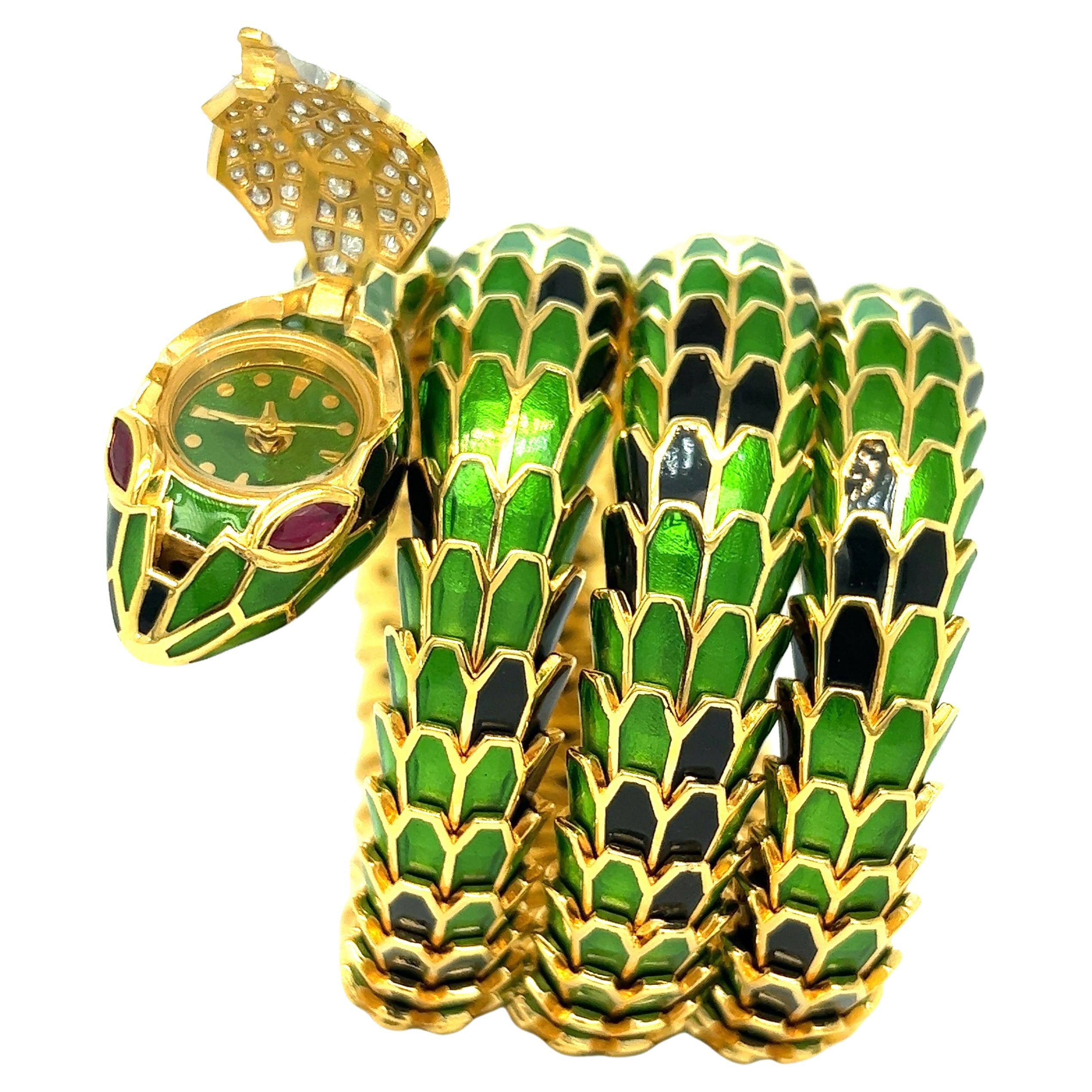Green & Black Enamel Snake Watch Wrap Bracelet