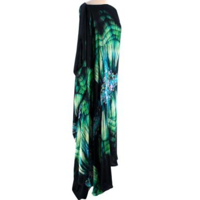 Roberto Cavalli Green & Black Feather Print Silk Kaftan
 
 - Full length, black silk kaftan with contemporary draped neckline
 - Green and turquoise feather and crystal graphic print 
 - Silk lining for modesty 
 - Longer on one side than the other
