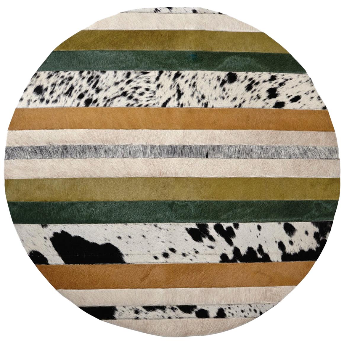 Green, Black & White Round Nueva Raya Customizable Cowhide Area Floor Rug Large For Sale