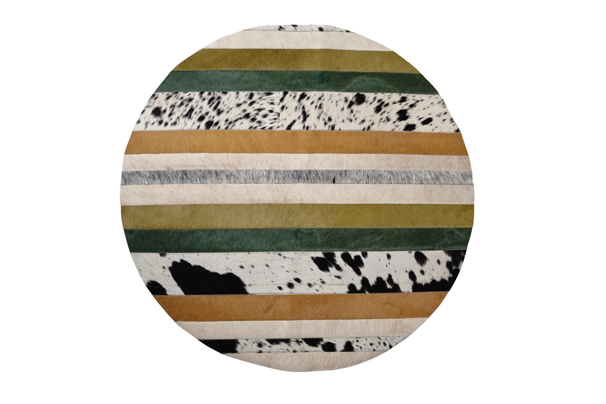 Art Deco Green, Black & White Round Nueva Raya Customizable Cowhide Area Floor Rug Medium For Sale