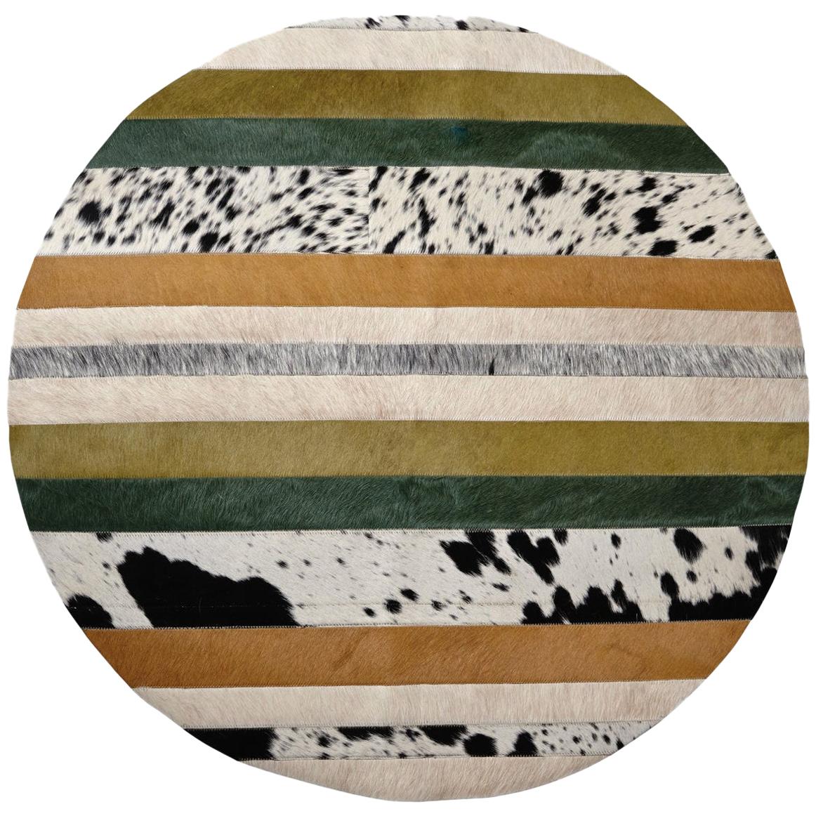 Green, Black & White Round Nueva Raya Customizable Cowhide Area Floor Rug Medium For Sale