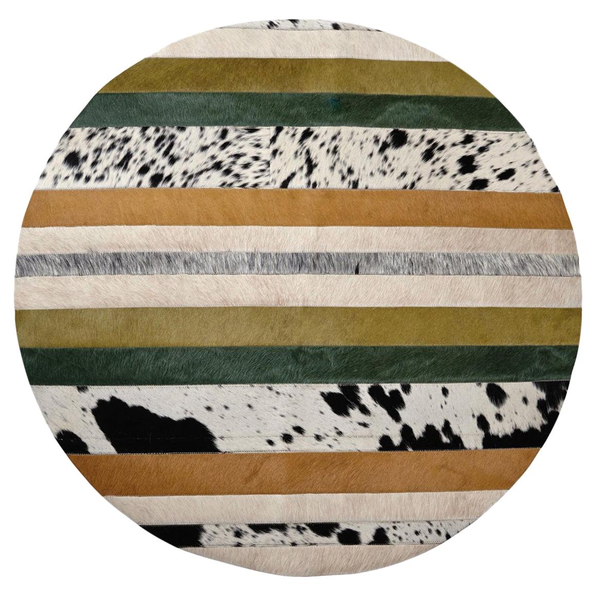 Green, Black & White Round Nueva Raya Customizable Cowhide Area Floor Rug XLarge For Sale