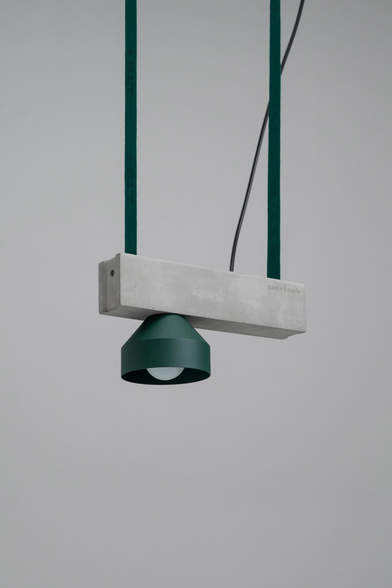 Green Block Pendant Lamp by +kouple
Dimensions: D 26 x W 10 x H 12,7 cm.
Materials: Concrete, powder-coated steel and textile. 

Available in different color options. Please contact us.

All our lamps can be wired according to each country. If sold