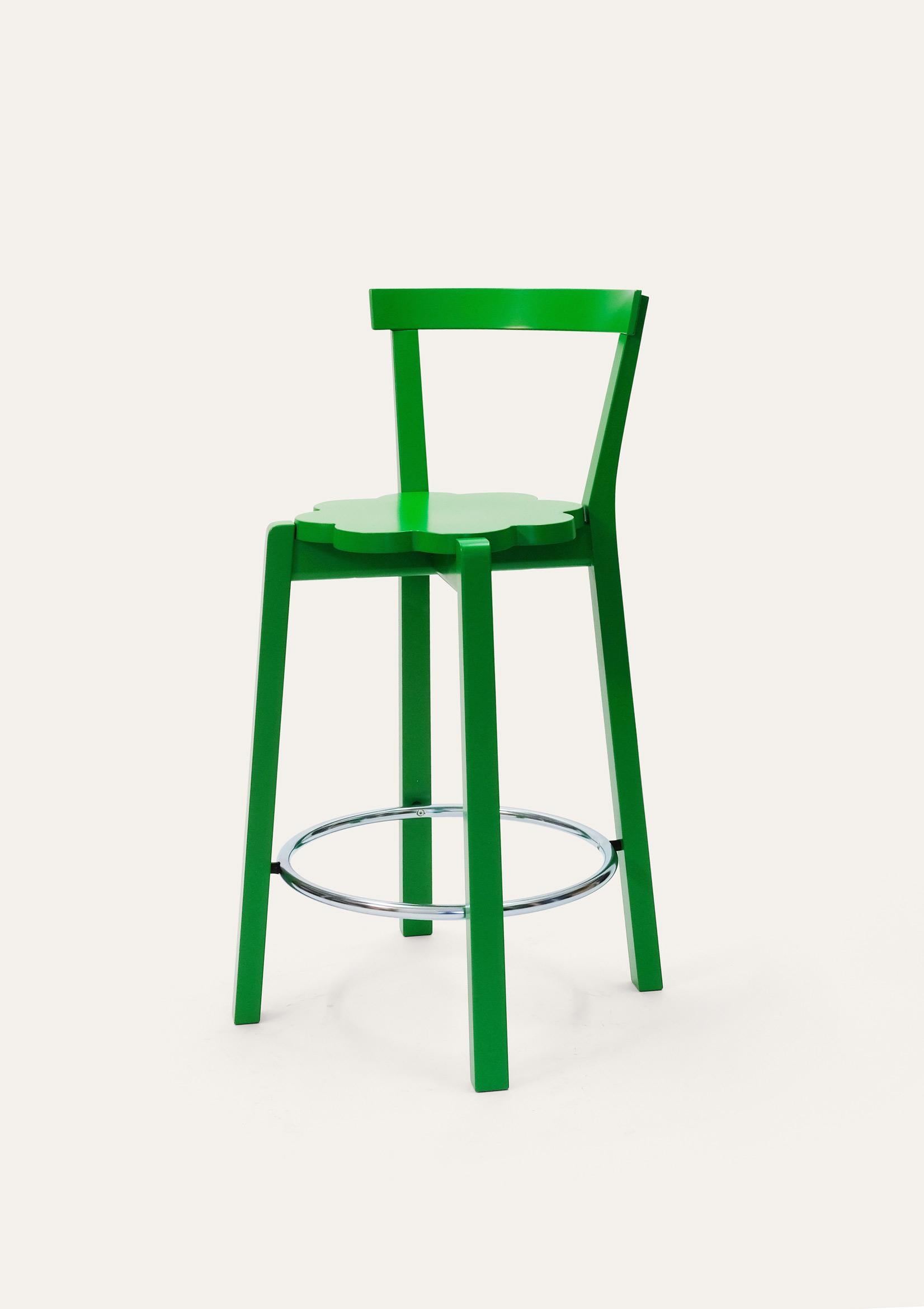 Green blossom bar chair by Storängen Design
Dimensions: D 48 x W 43 x H 92 x SH 65 cm
Materials: birch wood, steel.
Available in other colors and sizes. With or without backrest.

A small and neat stackable chair, which works well round tables