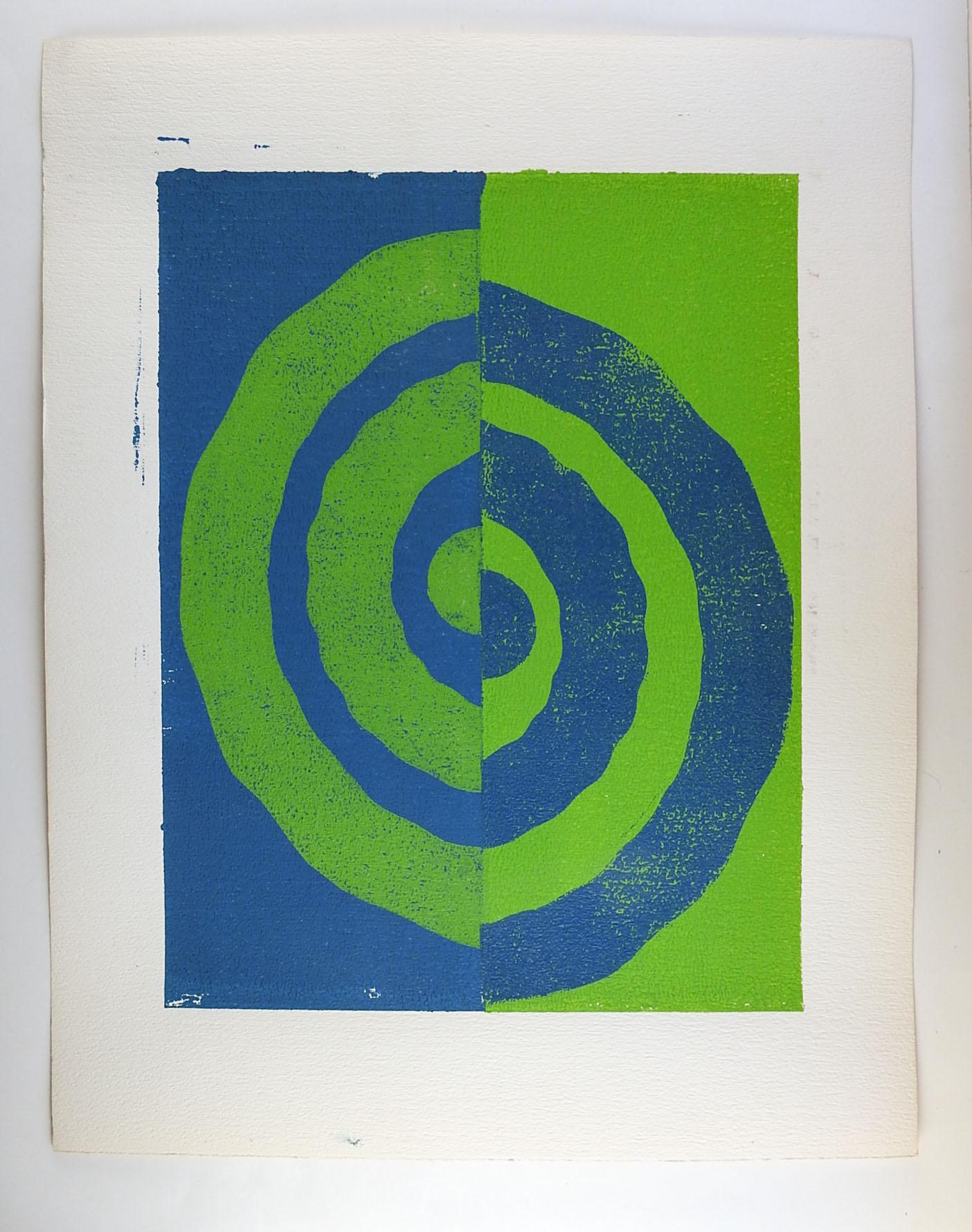 Vintage block print on paper of abstract spriral. Unframed, unsigned, edge wear.