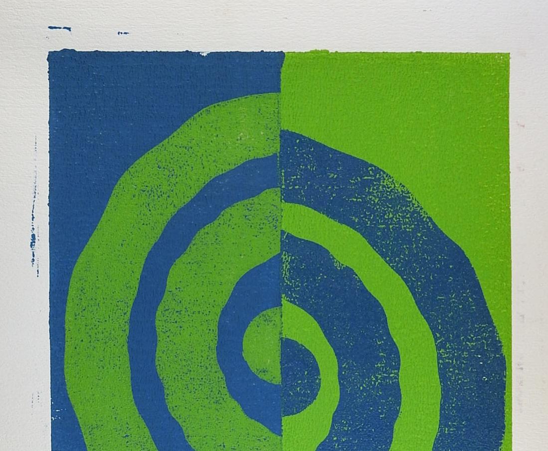 Mid-Century Modern Green & Blue Abstract Spriral Block Print