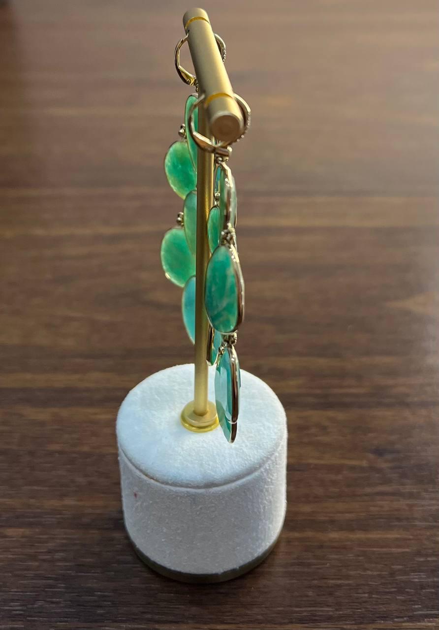 Green Blue Amazonite Free Shape Diamonds 14K Gold Dangling Chandelier Earrings For Sale 5