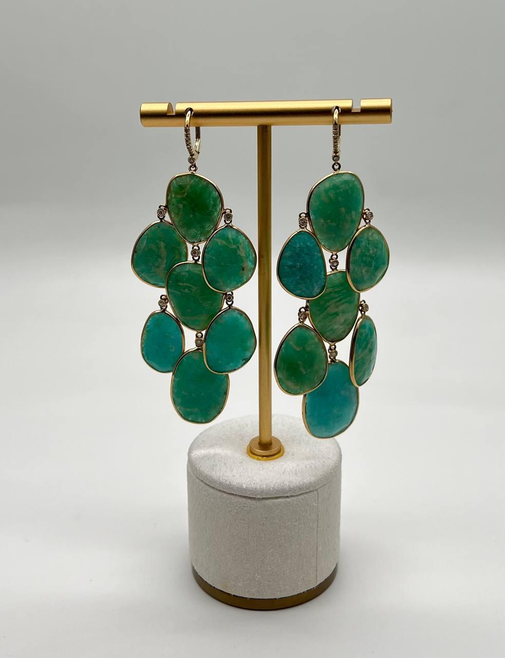 Mixed Cut Green Blue Amazonite Free Shape Diamonds 14K Gold Dangling Chandelier Earrings For Sale