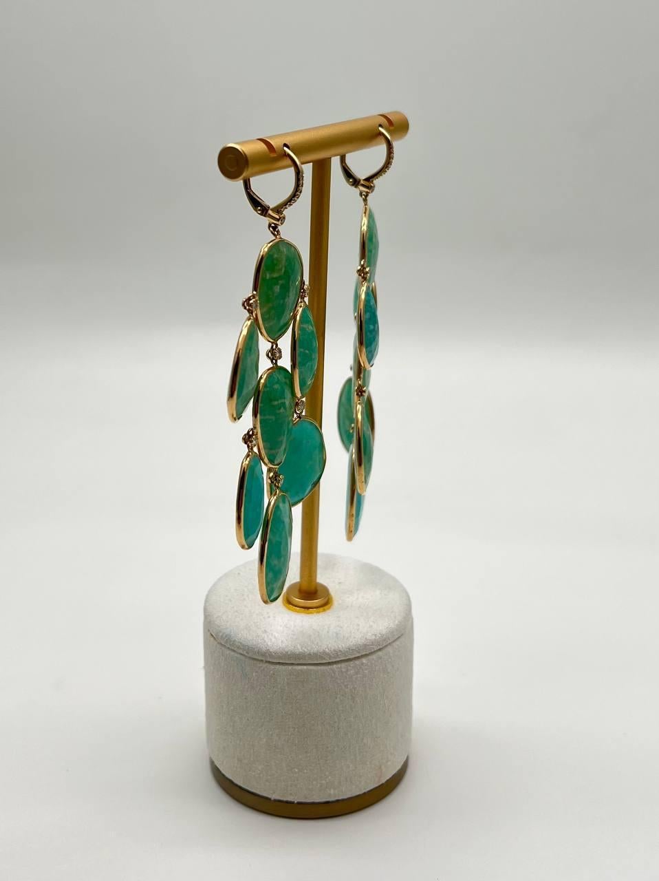 Women's Green Blue Amazonite Free Shape Diamonds 14K Gold Dangling Chandelier Earrings For Sale