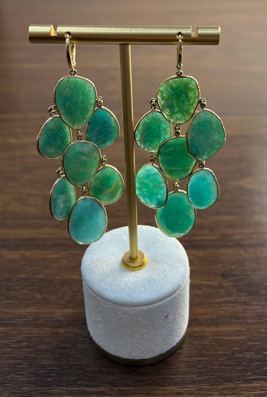 Green Blue Amazonite Free Shape Diamonds 14K Gold Dangling Chandelier Earrings For Sale 1