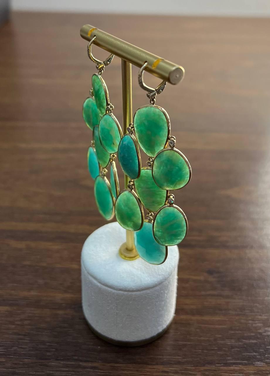 Green Blue Amazonite Free Shape Diamonds 14K Gold Dangling Chandelier Earrings For Sale 3