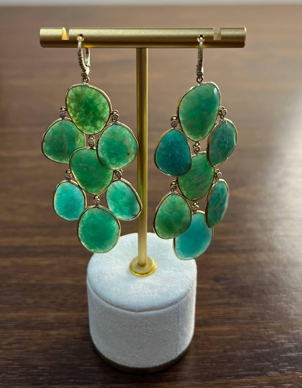 Green Blue Amazonite Free Shape Diamonds 14K Gold Dangling Chandelier Earrings For Sale 4