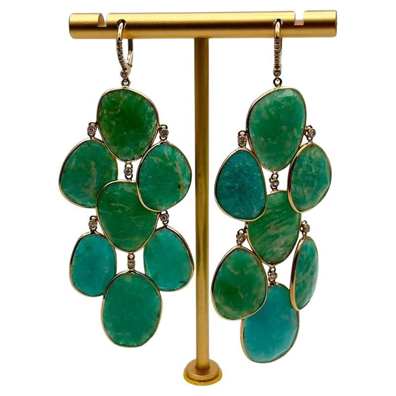 Green Blue Amazonite Free Shape Diamonds 14K Gold Dangling Chandelier Earrings For Sale