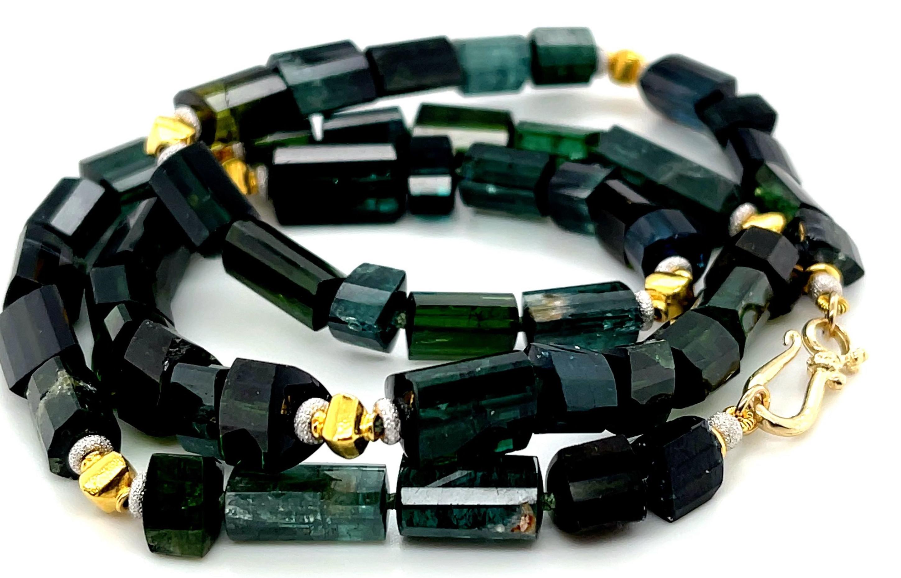Artisan Green, Blue and Teal Tourmaline Beaded Necklace, 14k and 18k Gold, 20 Inches For Sale
