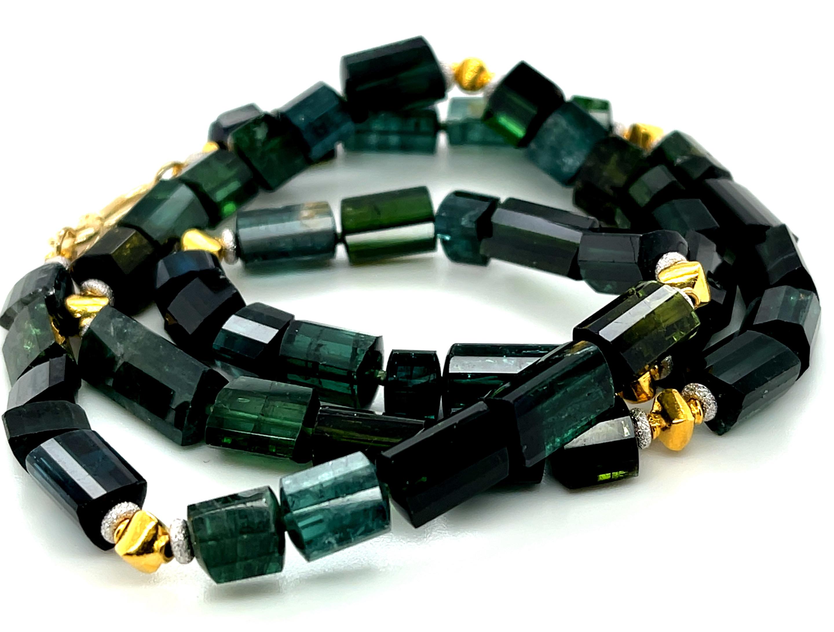 Green, Blue and Teal Tourmaline Beaded Necklace, 14k and 18k Gold, 20 Inches In New Condition For Sale In Los Angeles, CA