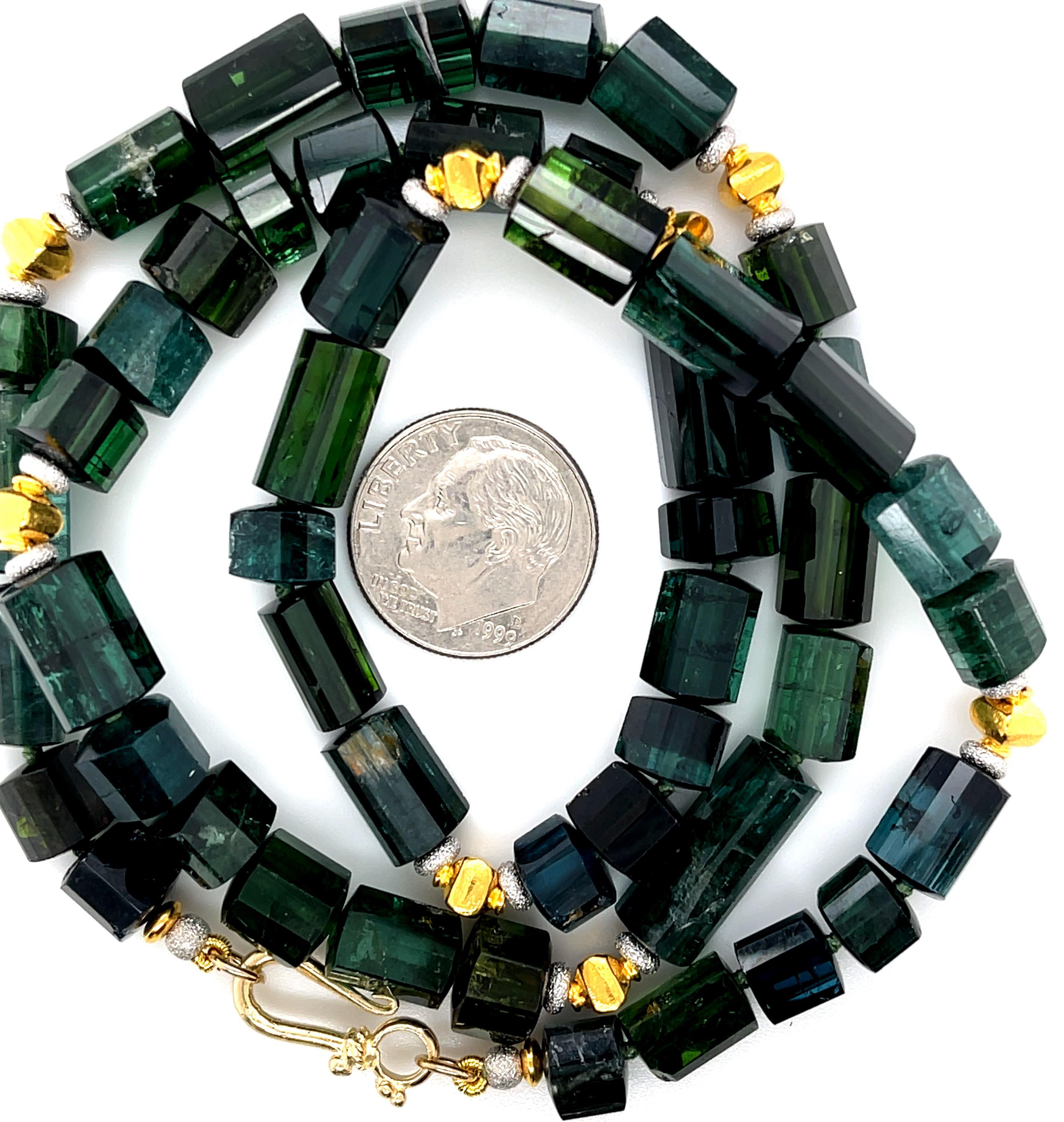 Women's Green, Blue and Teal Tourmaline Beaded Necklace, 14k and 18k Gold, 20 Inches For Sale