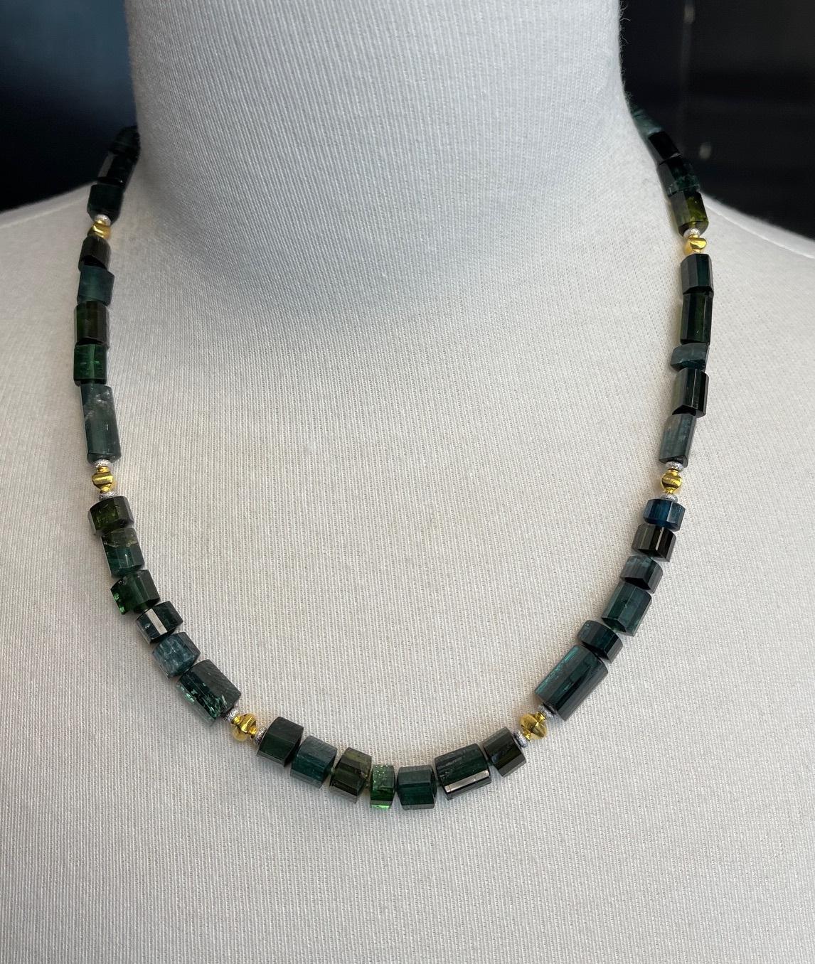 Green, Blue and Teal Tourmaline Beaded Necklace, 14k and 18k Gold, 20 Inches For Sale 3