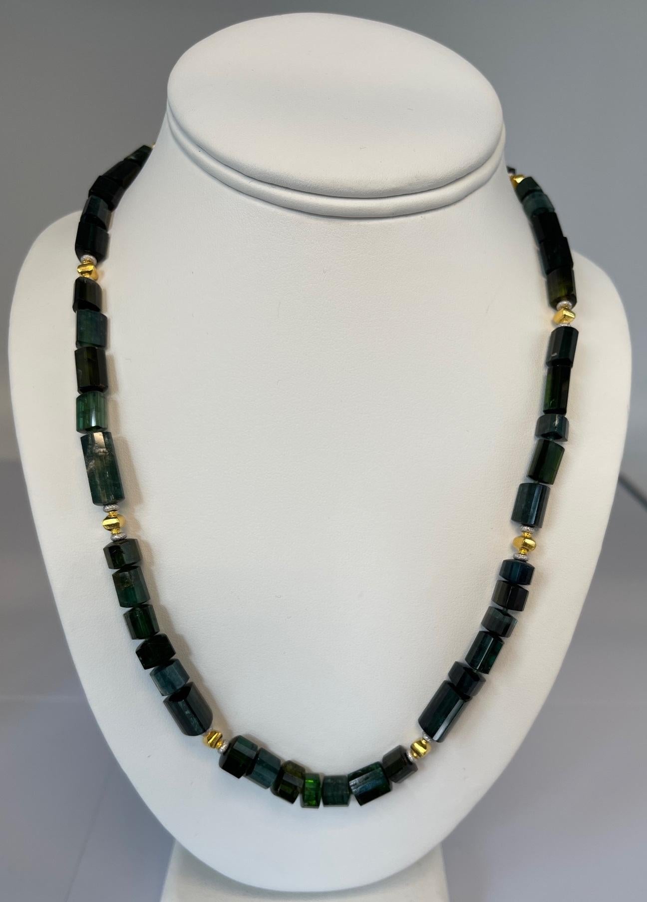 Green, Blue and Teal Tourmaline Beaded Necklace, 14k and 18k Gold, 20 Inches For Sale 4