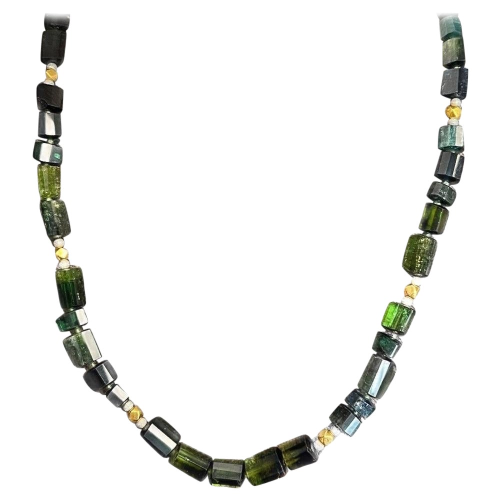 Green, Blue and Teal Tourmaline Beaded Necklace, 14k and 18k Gold, 20 Inches