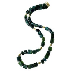 Green, Blue and Teal Tourmaline Beaded Necklace, 14k and 18k Gold, 20 Inches