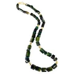 Green, Blue and Teal Tourmaline Beaded Necklace, 14k and 18k Gold, 20 Inches