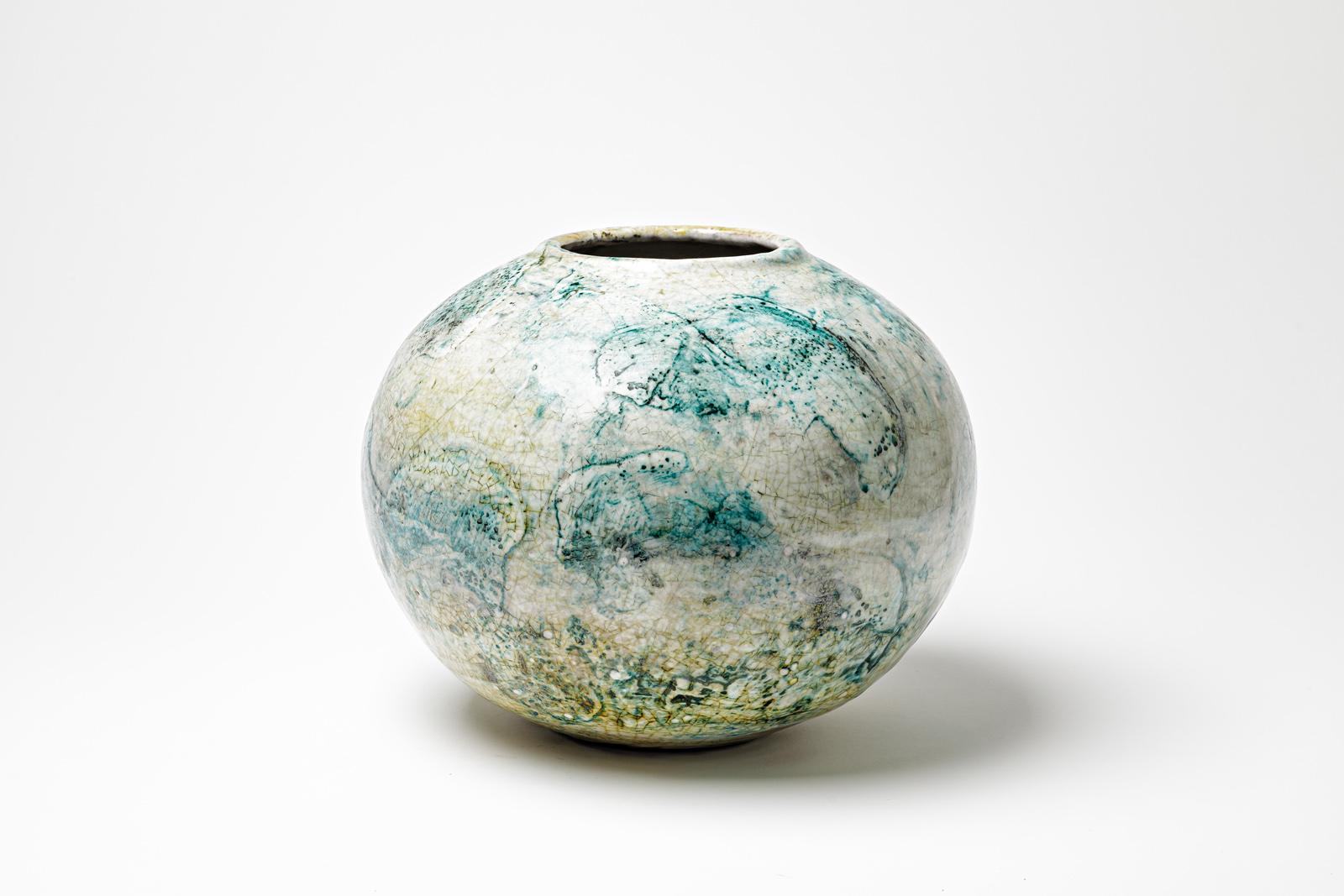 French Green/blue and white glazed ceramic vase by Gisèle Buthod Garçon, circa 1980-90 For Sale
