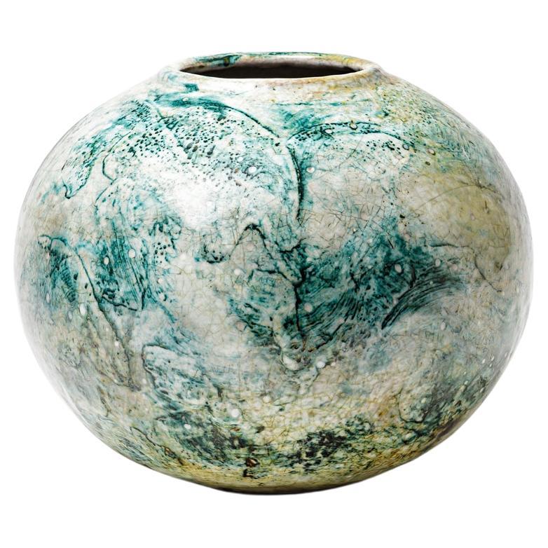 Green/blue and white glazed ceramic vase by Gisèle Buthod Garçon, circa 1980-90 For Sale