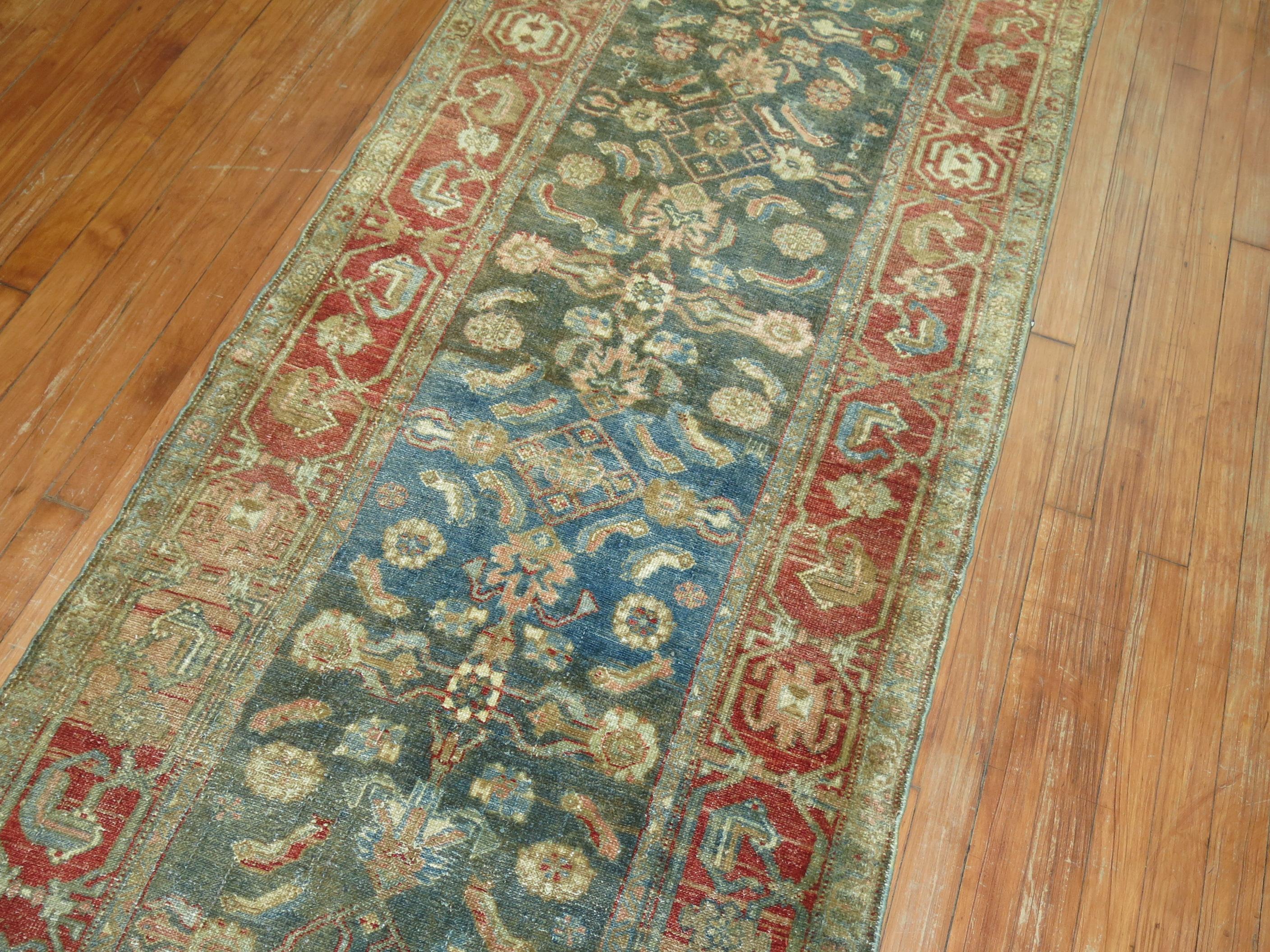 Hand-Knotted Green Blue Antique Persian Runner For Sale