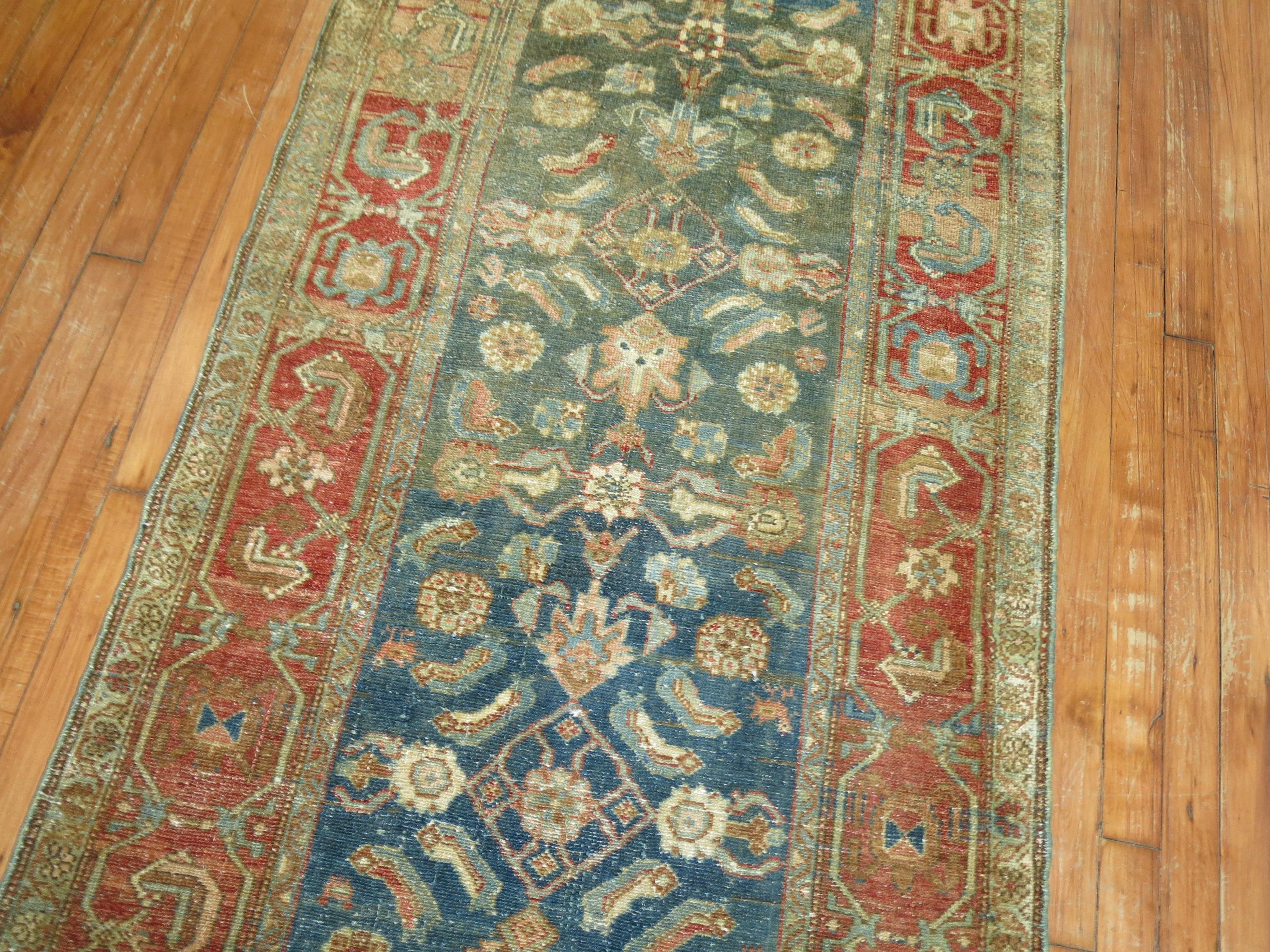 20th Century Green Blue Antique Persian Runner For Sale