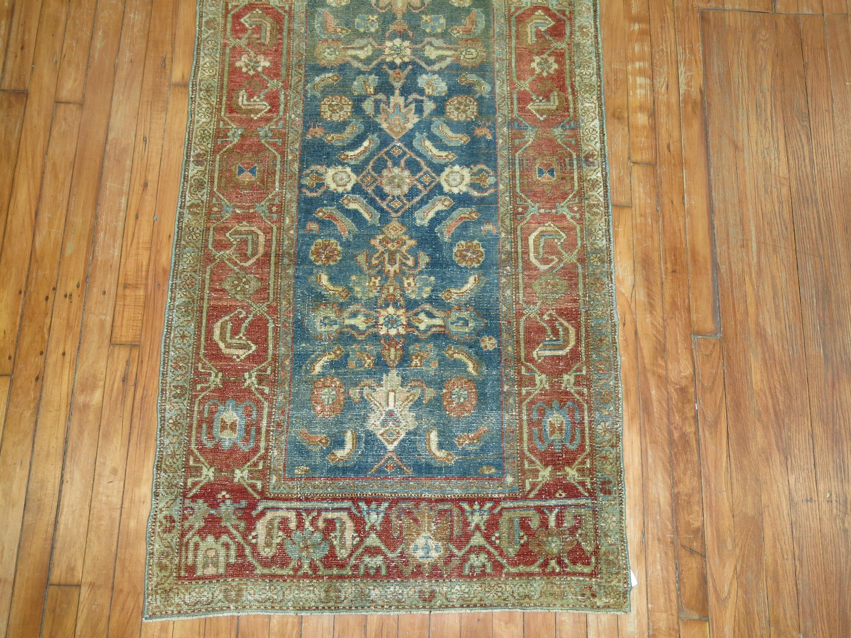 Wool Green Blue Antique Persian Runner For Sale