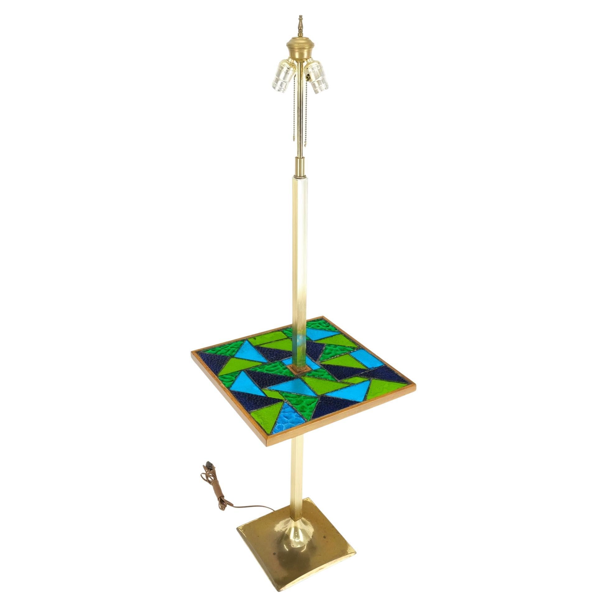 Green Blue Art Glass Square Mosaic Top Side End Table Floor Lamp Mid-Century  For Sale