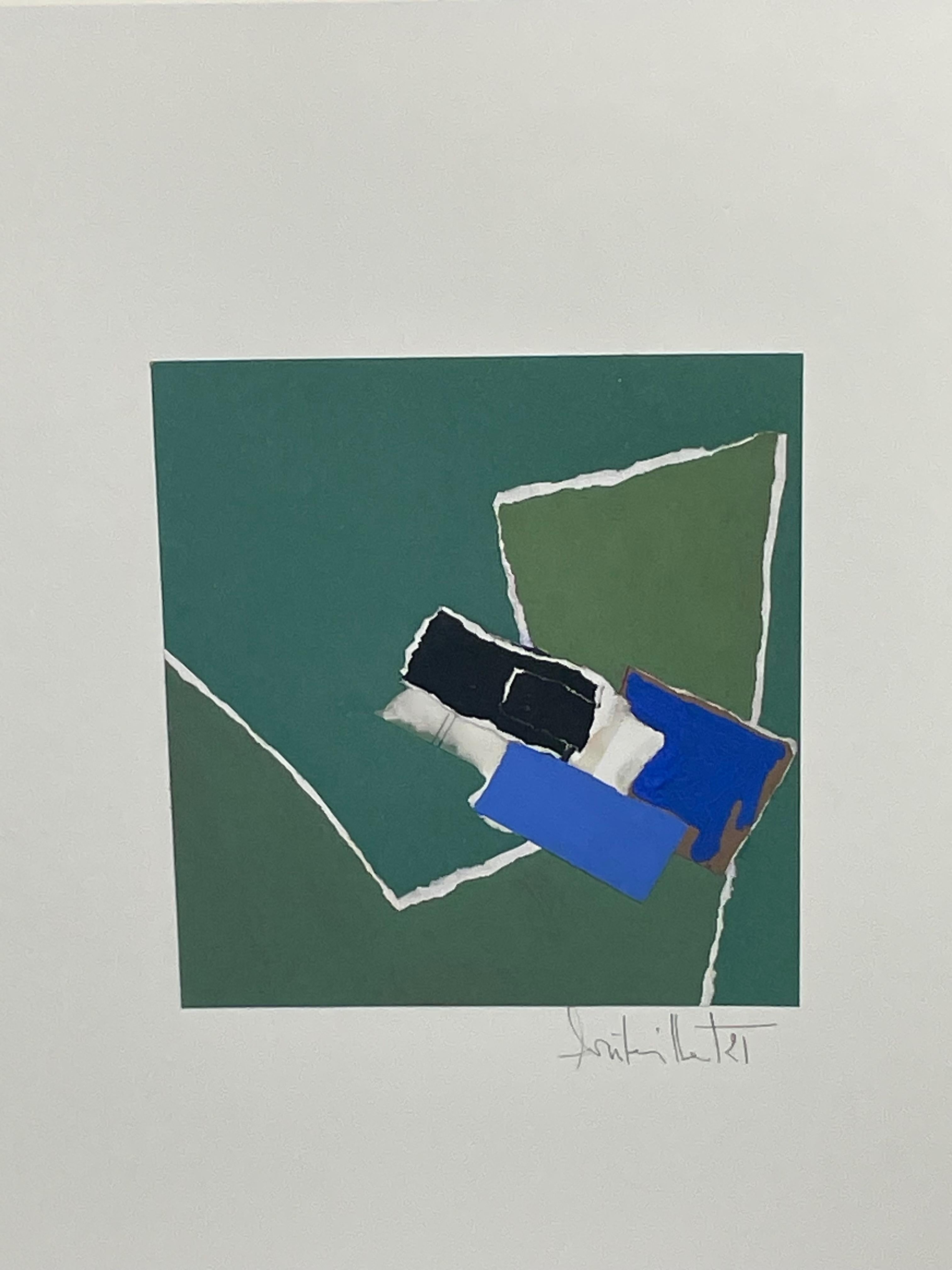 Isabelle Bouteillet is a self-taught French artist who mainly creates collages 
using mixed media materials such as acrylic, gouache and torn paper.
Colors are green, blue, black and white.
Signed by the artist.
Set back in a white wooden