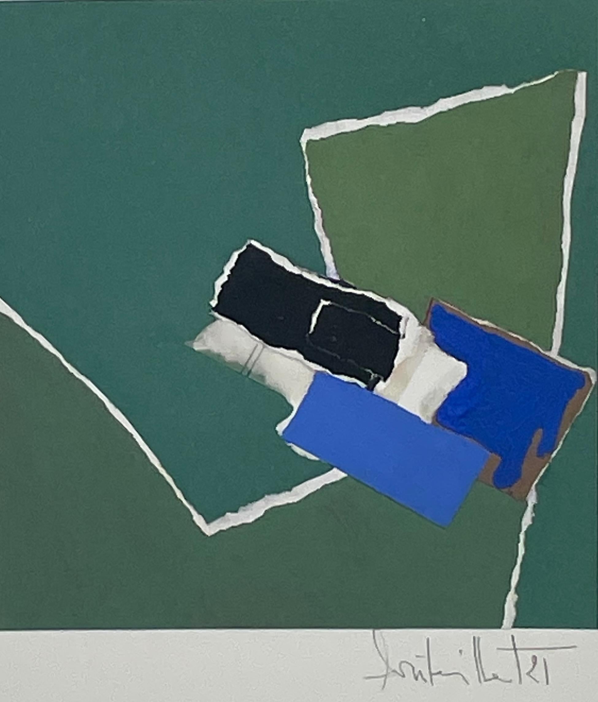 French Green, Blue, Black Collage By Isabelle Bouteillet, France, Contemporary For Sale