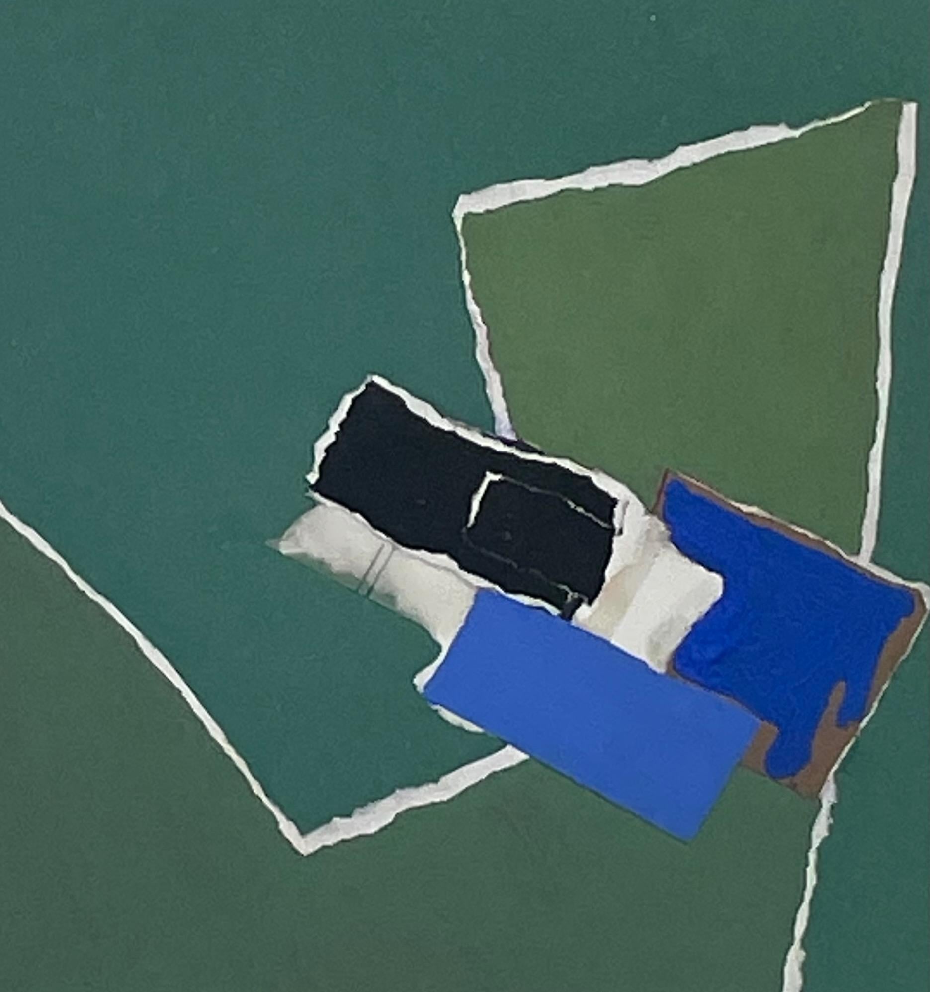 Paper Green, Blue, Black Collage By Isabelle Bouteillet, France, Contemporary For Sale