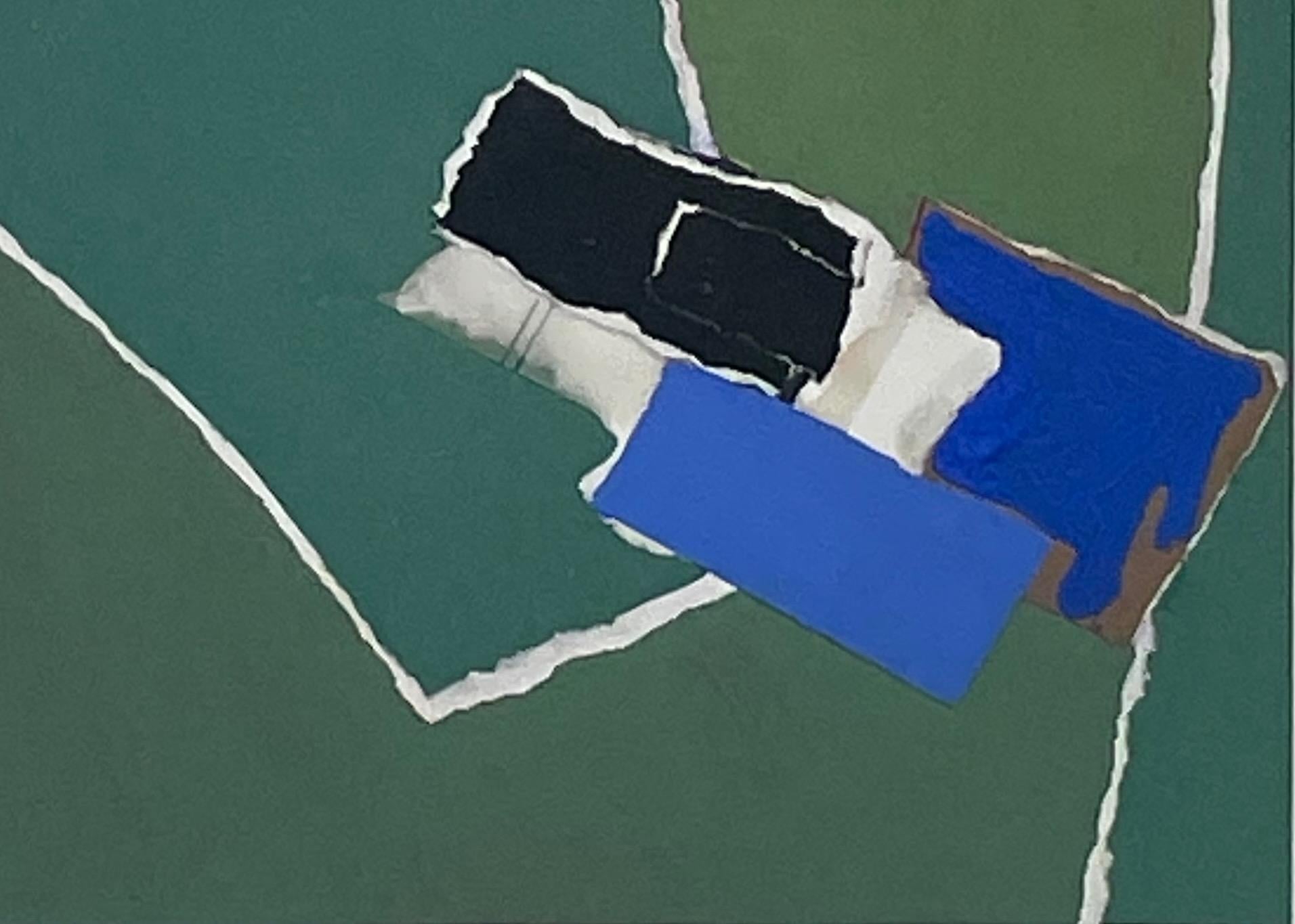 Green, Blue, Black Collage By Isabelle Bouteillet, France, Contemporary For Sale 1