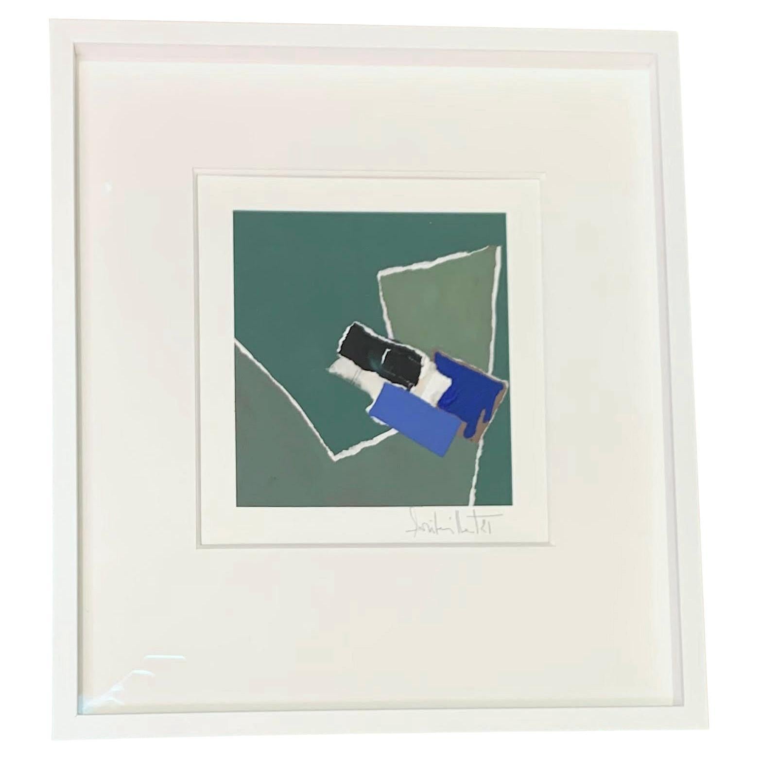 Green, Blue, Black Collage By Isabelle Bouteillet, France, Contemporary For Sale