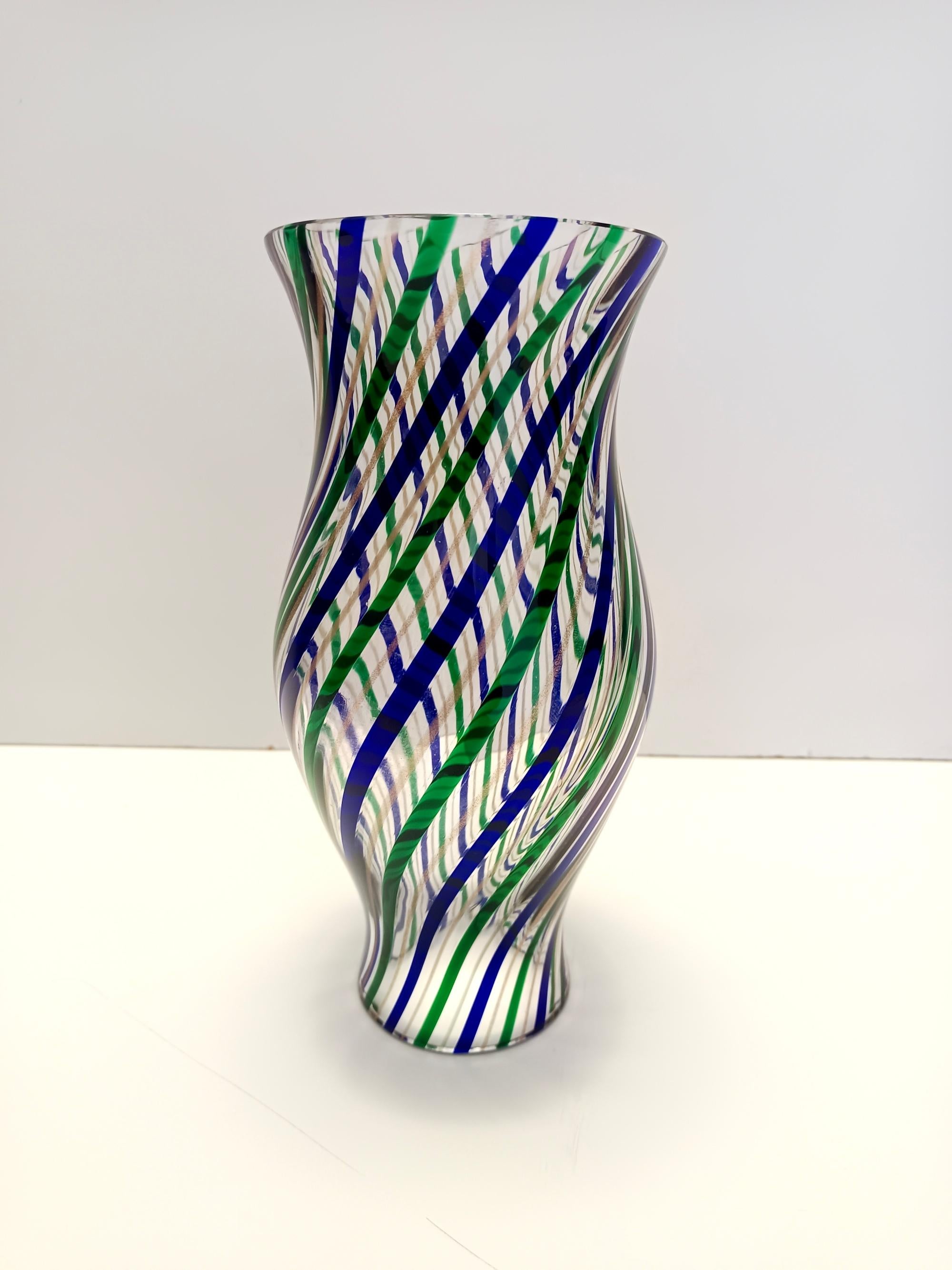 Italian Green, Blue, Bronze and Clear Murano Glass Vase by Irene Paolo, Italy 1990s For Sale