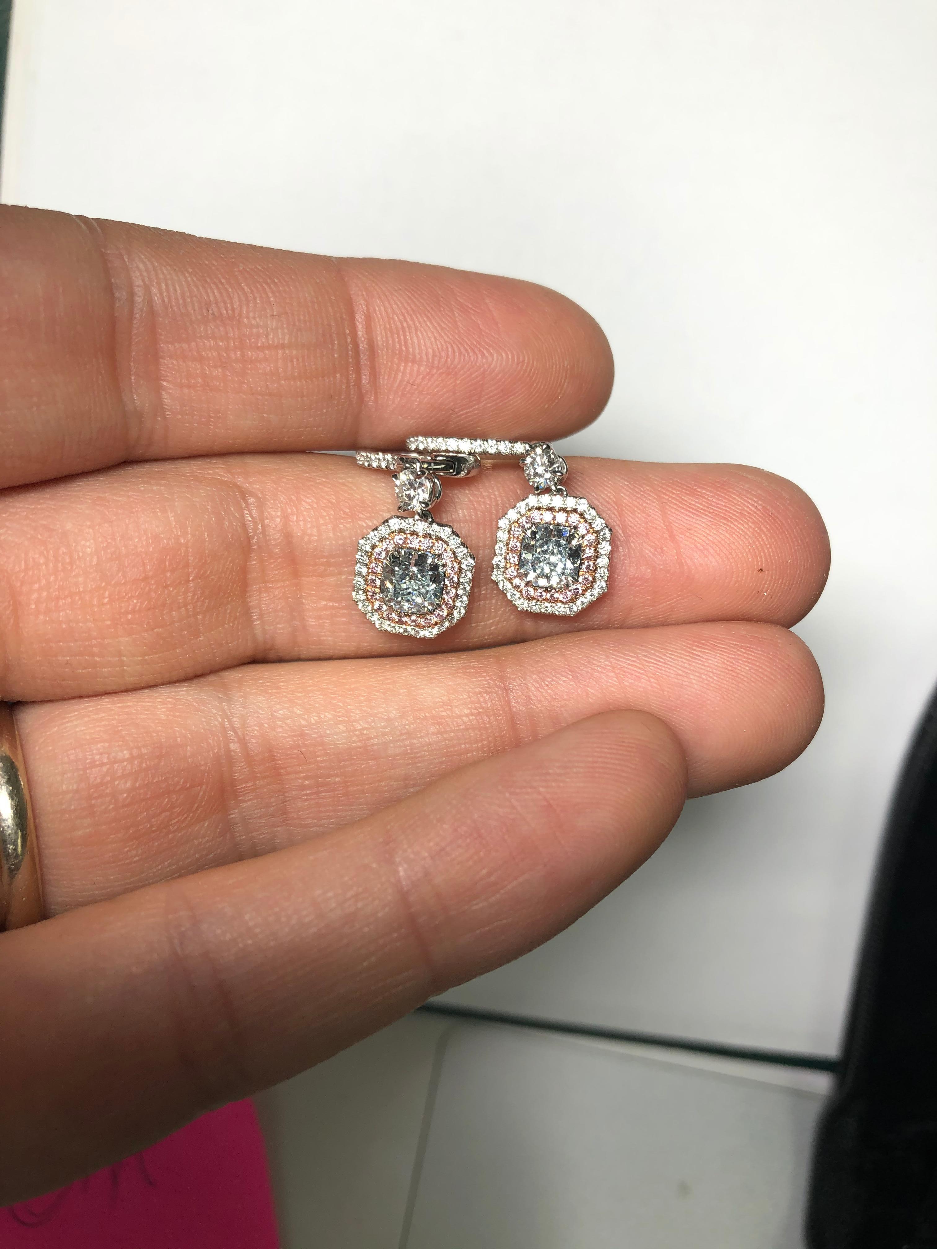 Contemporary Green Blue Diamond Earrings Dangle Earrings in Platinum, GIA