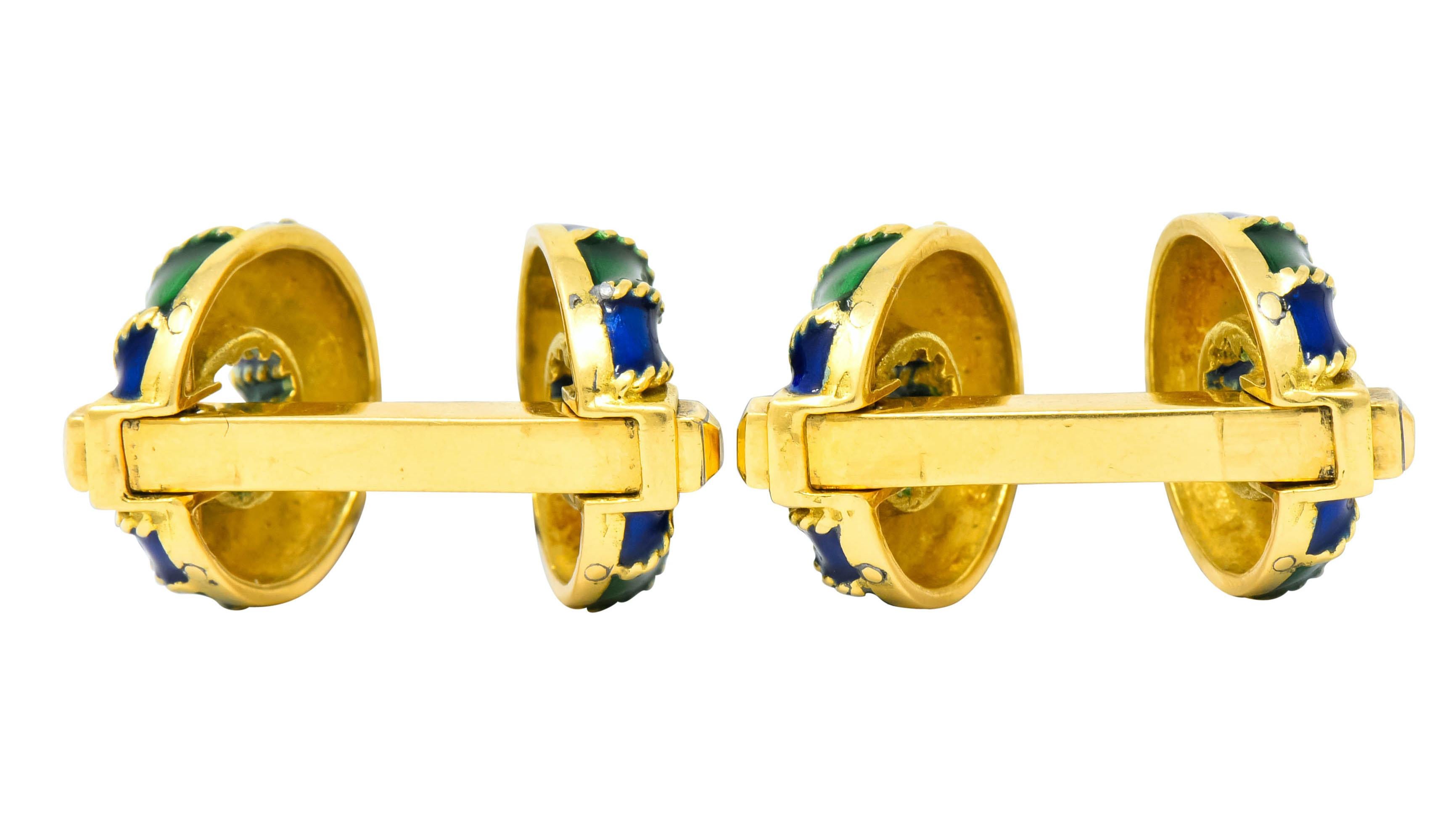 1980's Vintage Green Blue Enamel 18 Karat Gold Men's Cufflink 2