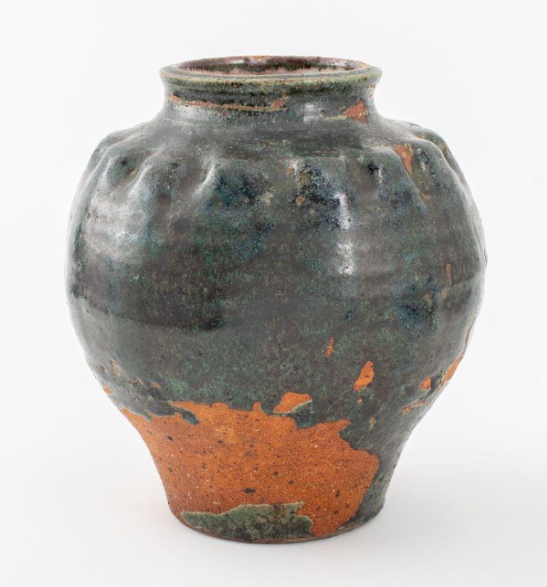 Green Blue Flambe Drip Glazed Art Pottery Vase In Good Condition For Sale In New York, NY