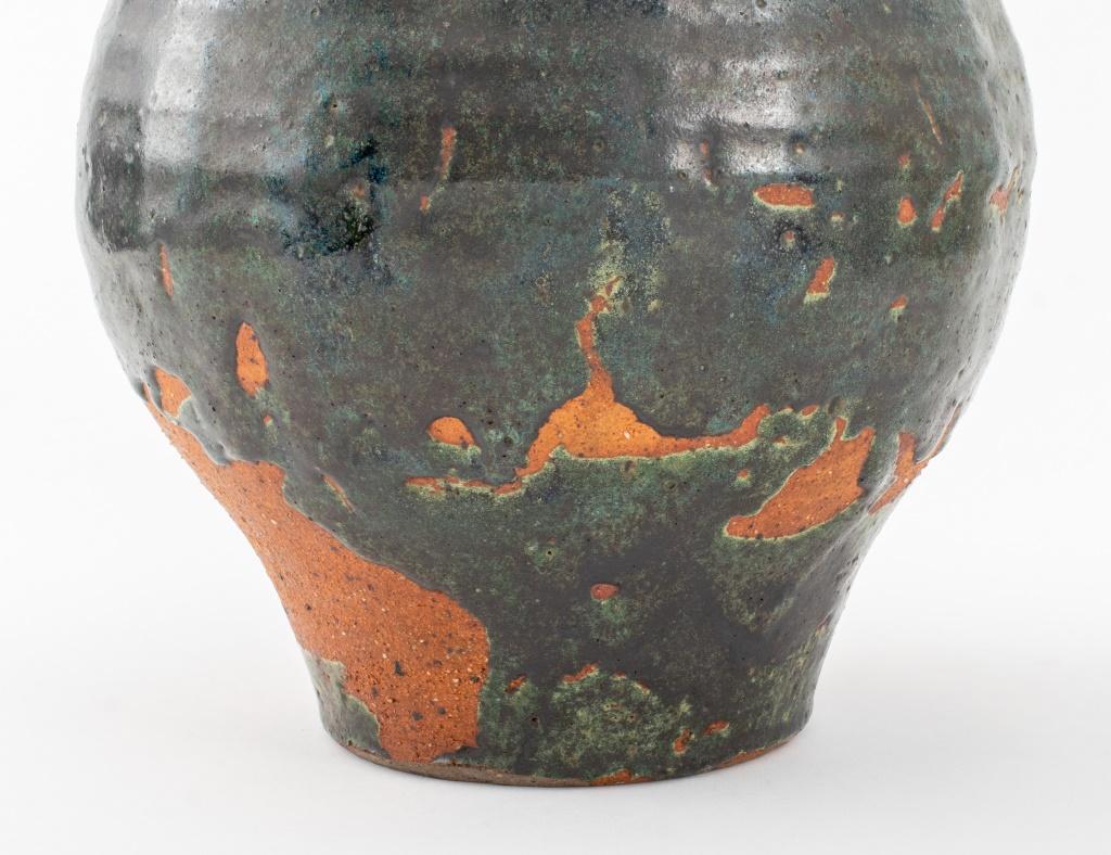 Green Blue Flambe Drip Glazed Art Pottery Vase For Sale 1