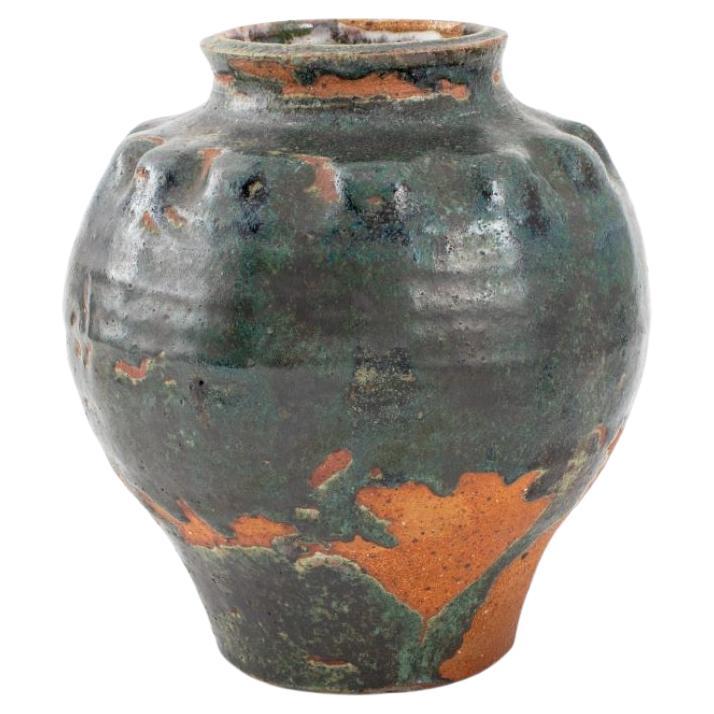 Green Blue Flambe Drip Glazed Art Pottery Vase For Sale