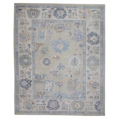 Handgewebter türkischer Oushak-Teppich aus Wolle in Grün & Blau mit Blumenmuster 12'3" X 15'3"
