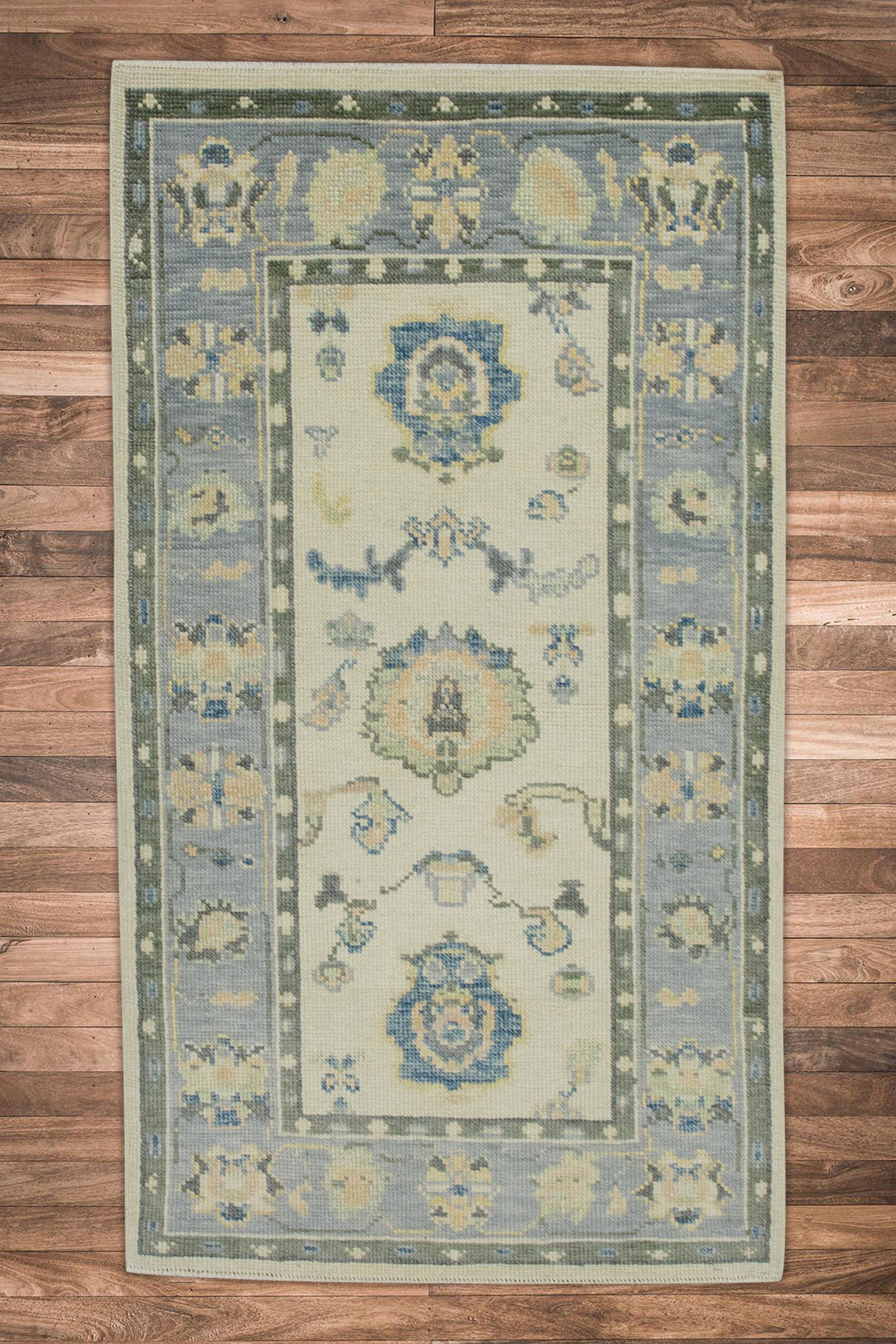 Contemporary Green & Blue Floral Design Handwoven Wool Turkish Oushak Rug 2'10