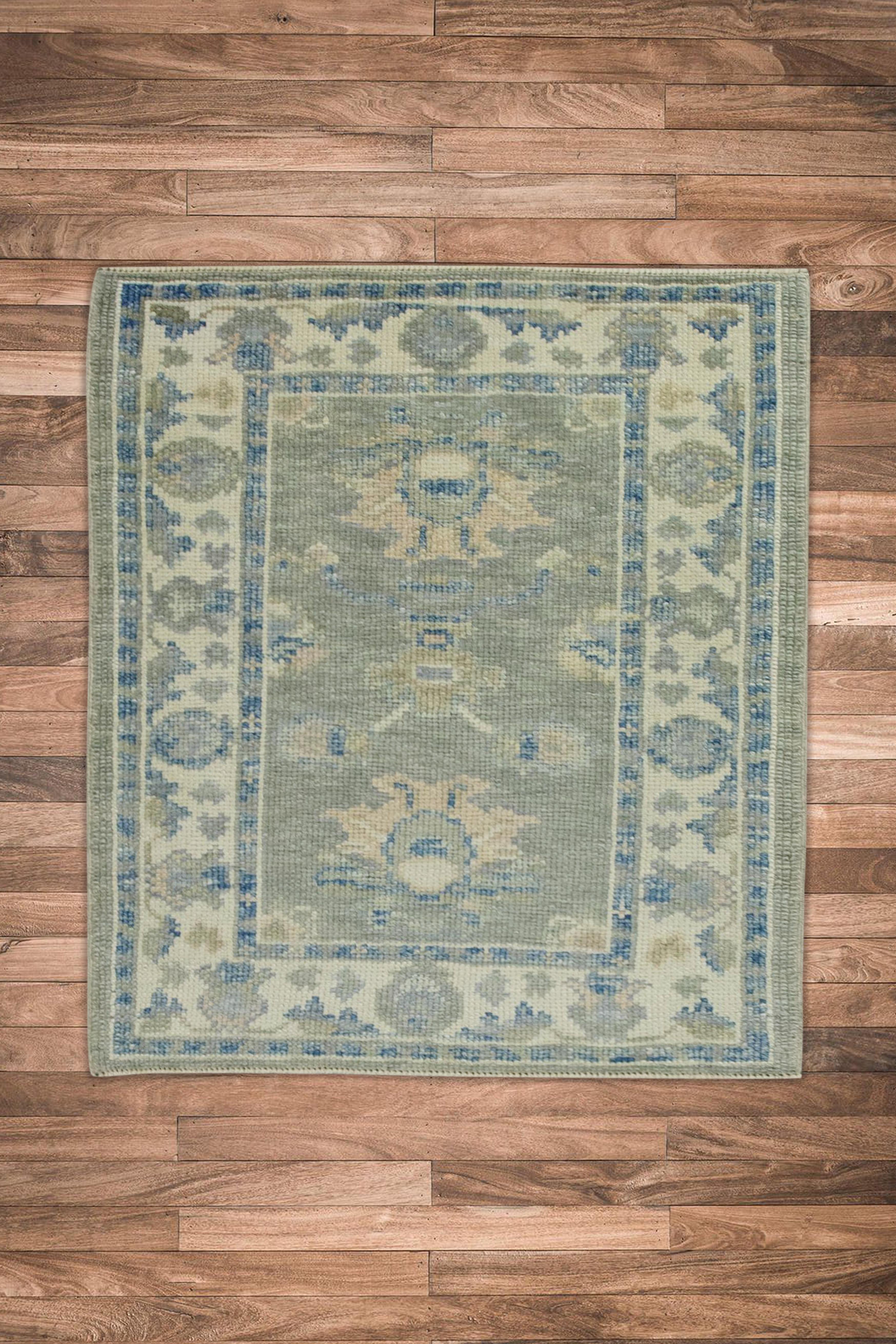 Contemporary Green & Blue Floral Design Handwoven Wool Turkish Oushak Rug For Sale