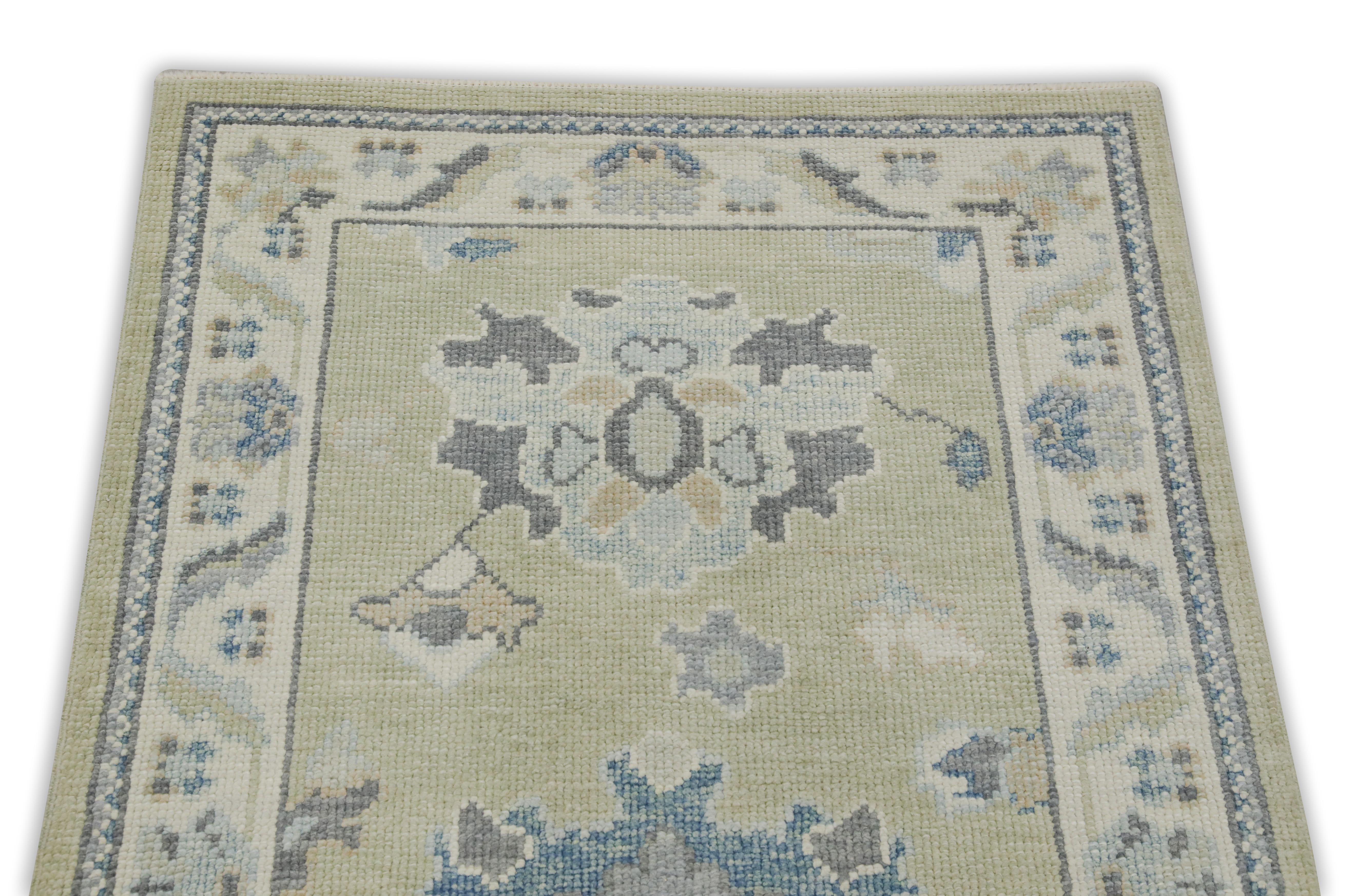 Green & Blue Floral Design Handwoven Wool Turkish Oushak Rug In New Condition For Sale In Houston, TX