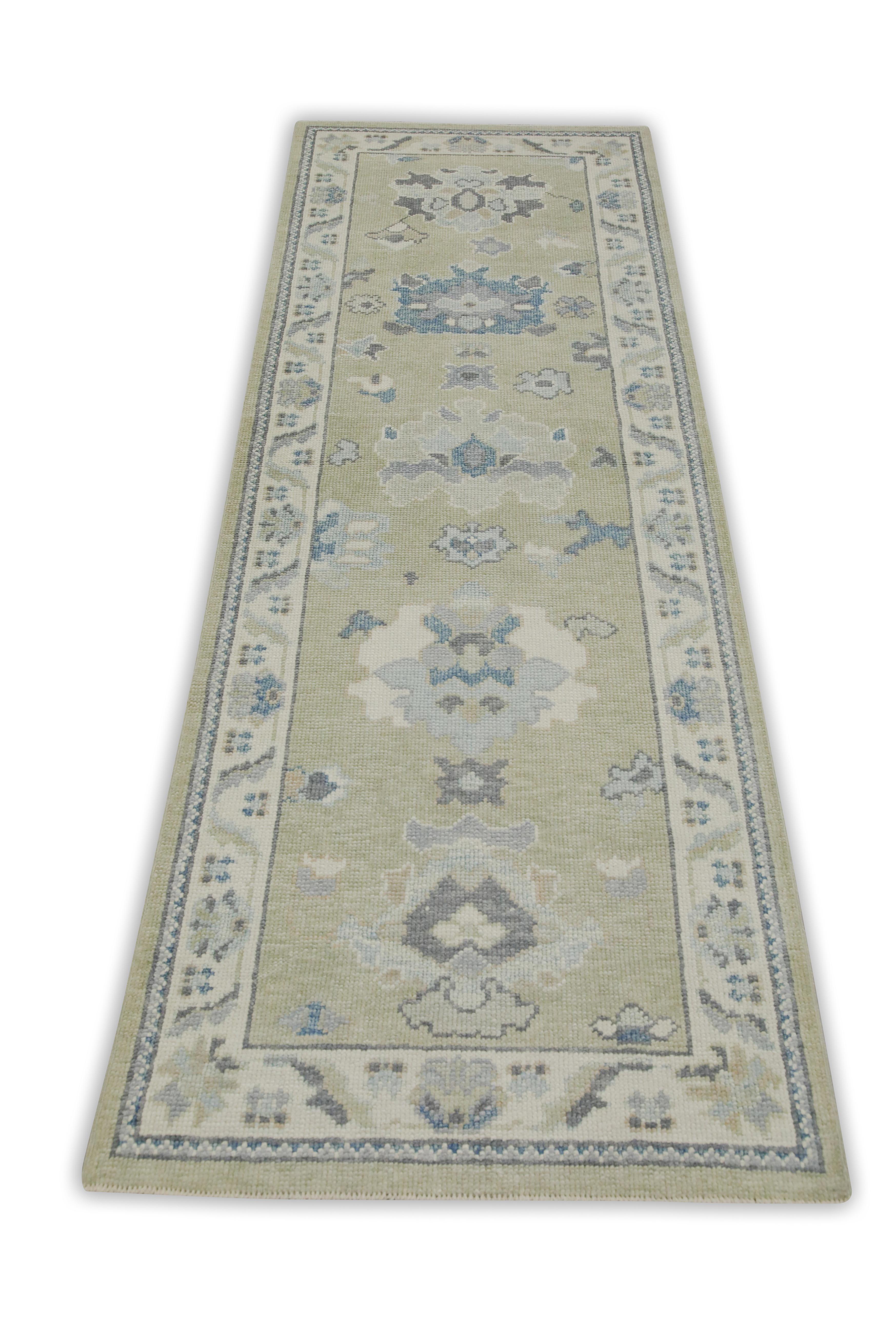 Contemporary Green & Blue Floral Design Handwoven Wool Turkish Oushak Rug For Sale