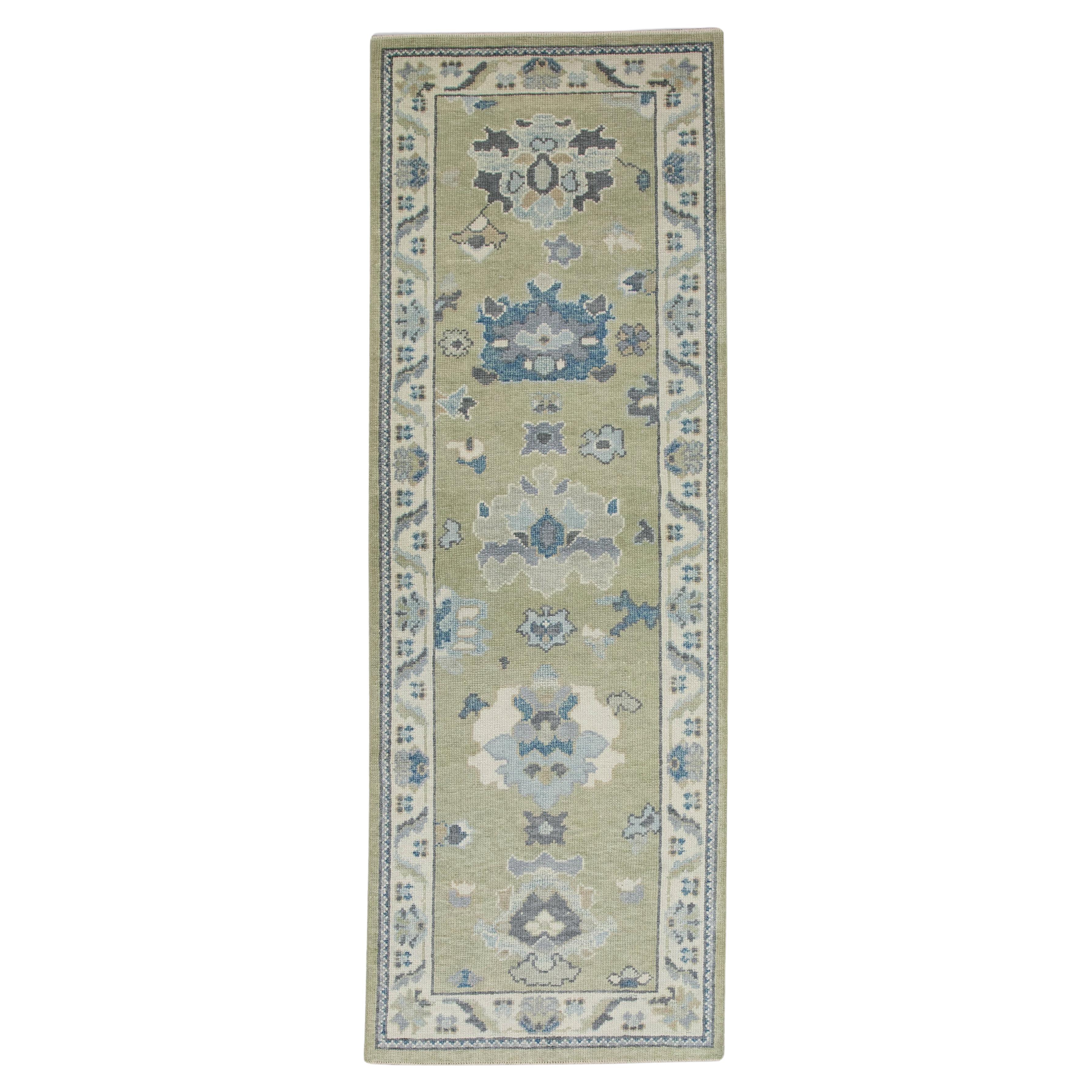 Green & Blue Floral Design Handwoven Wool Turkish Oushak Rug